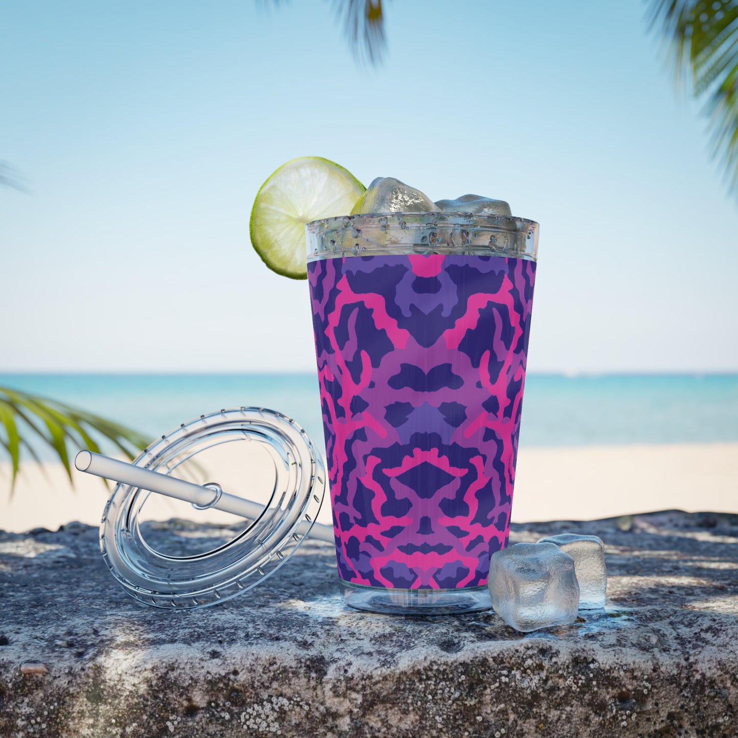 Tropical Tumbler with Straw | 16oz Colorful Travel Cup / Coral Threads, Heatwave