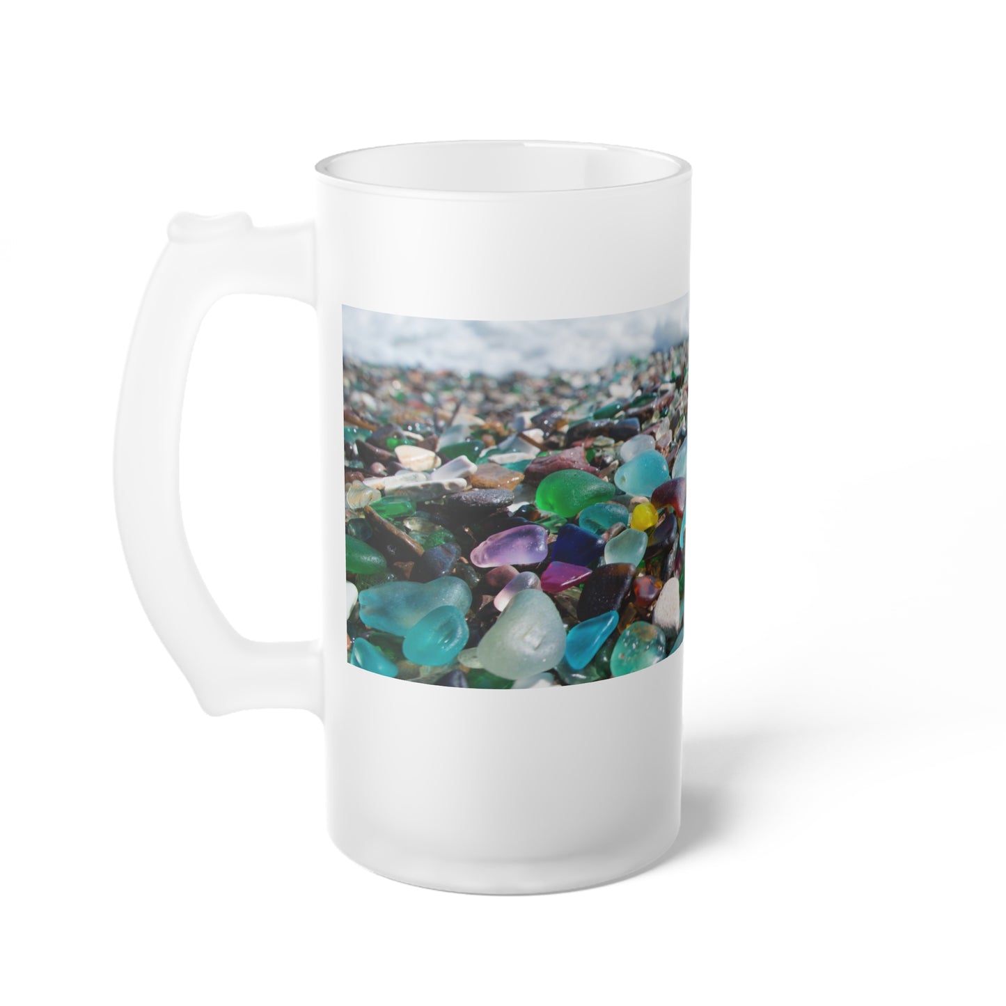 Frosted Glass Beer Mug with Beach Glass – Perfect for Gifts and Celebrations