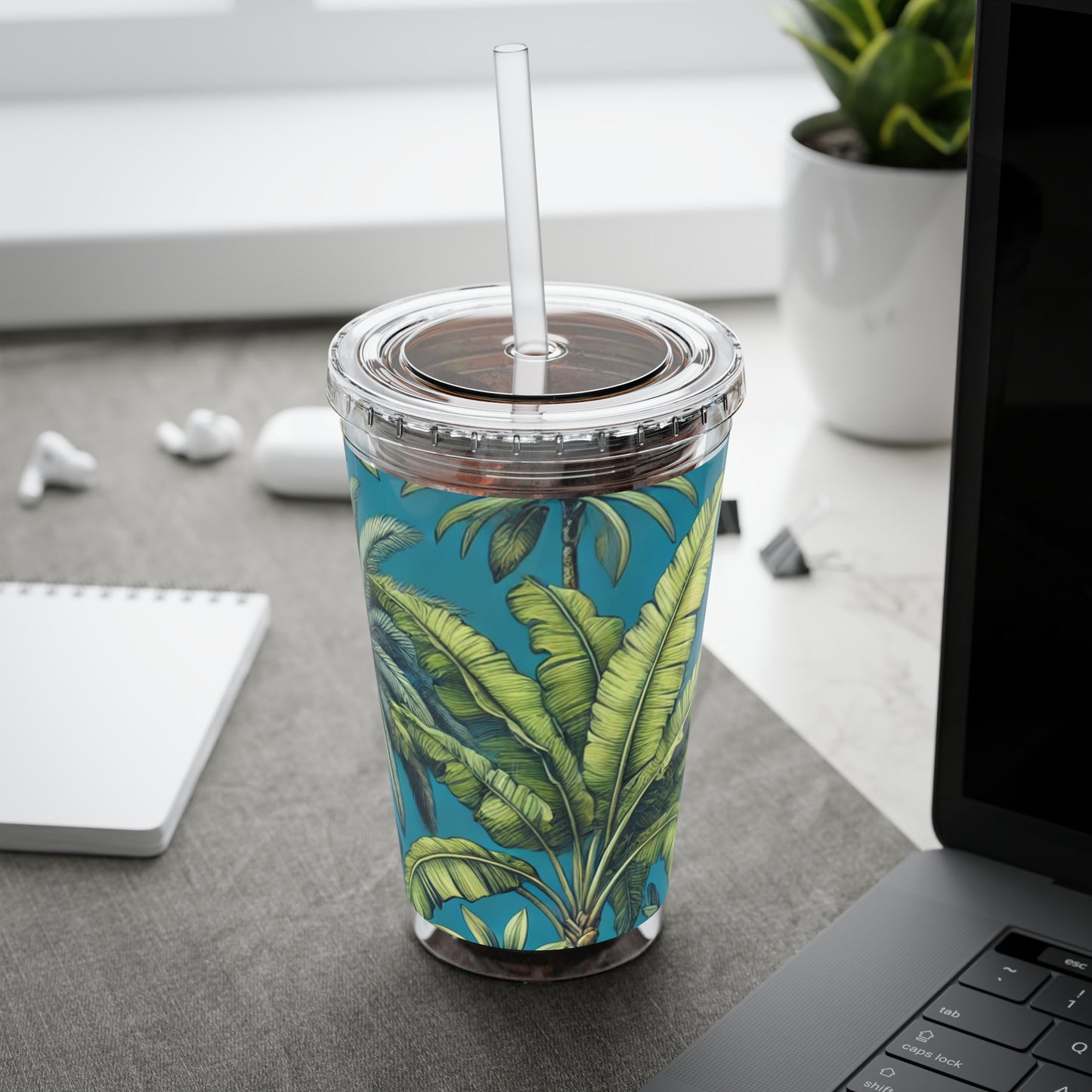 Tropical Tumbler with Straw | 16oz Colorful Travel Cup / Tropical Fruit Blue