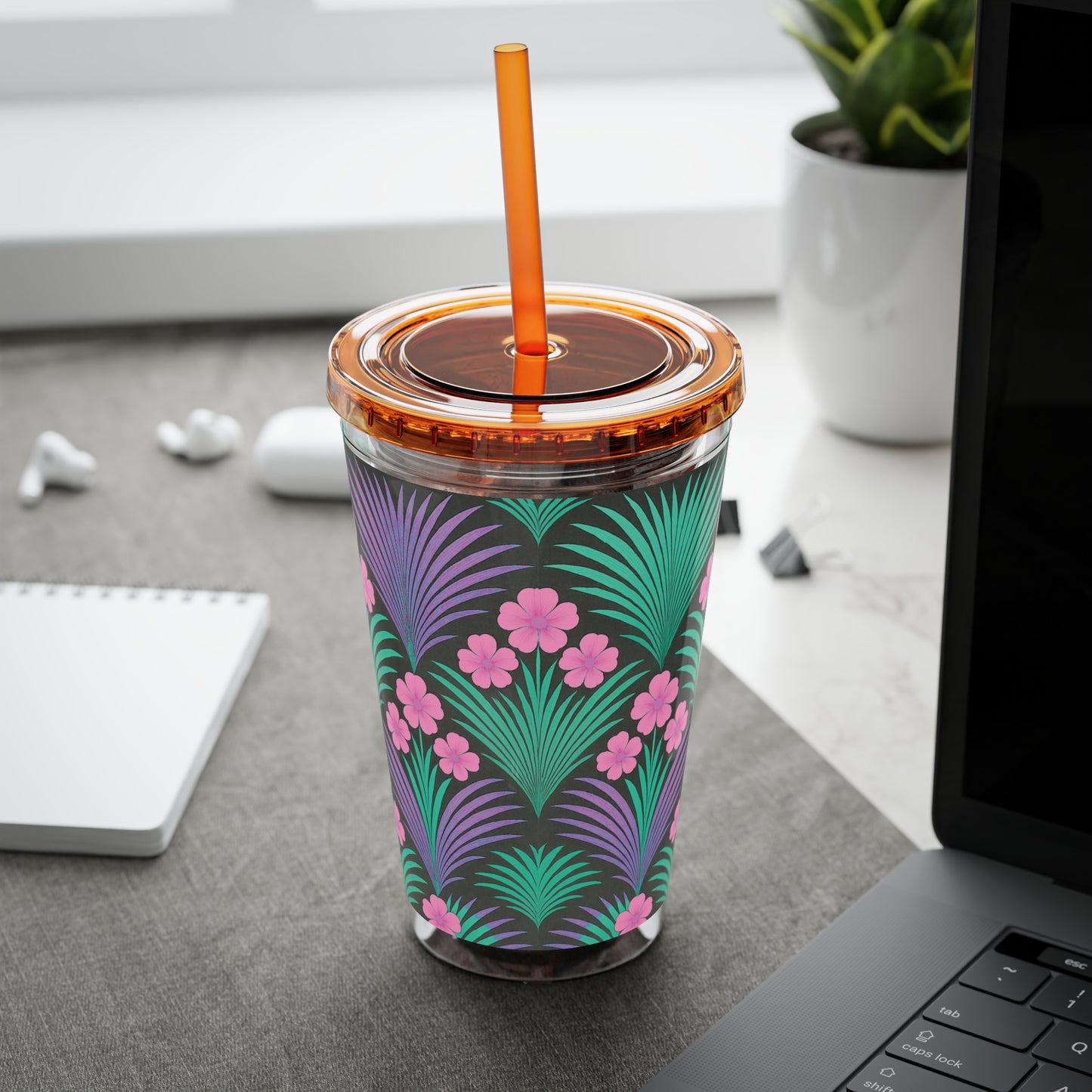 Tropical Tumbler with Straw | 16oz Colorful Travel Cup / Midnight Hibiscus Deco, Pink