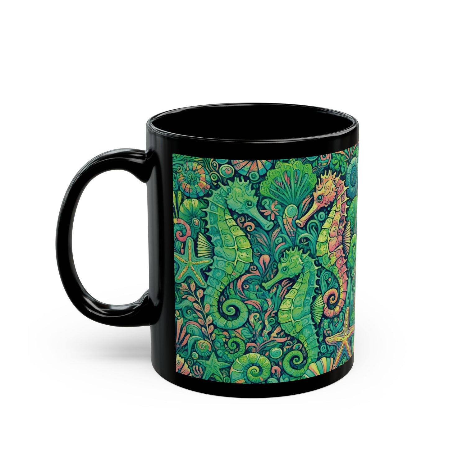 Black Coffee Mug - Seahorse Trio, Lime