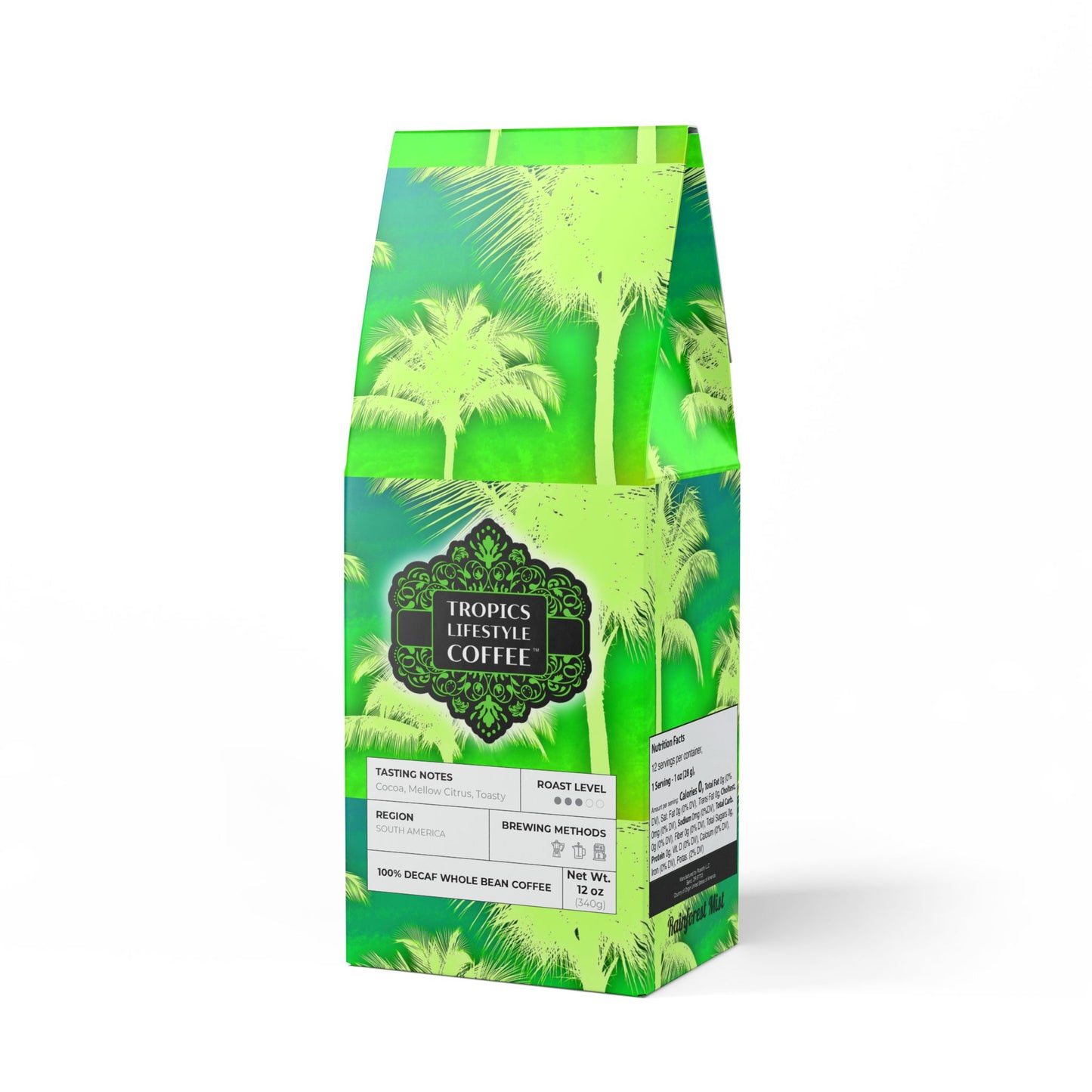 Rainforest Mist™ Single Origin DECAF (Medium Roast), Specialty Grade Craft Coffee / Palm Glow, Green