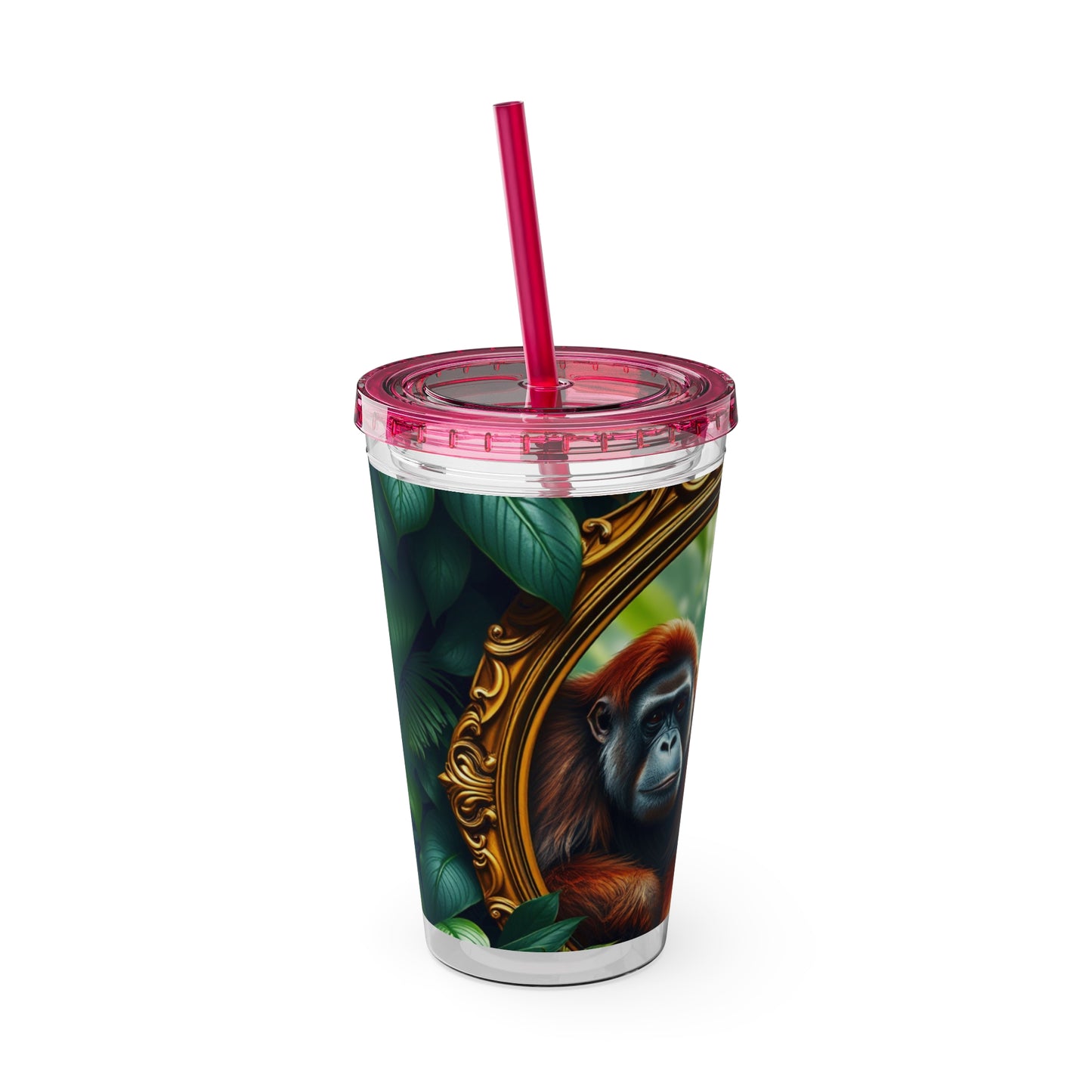 Tropical Tumbler with Straw | 16oz Colorful Travel Cup / Framed Orangutan Apes