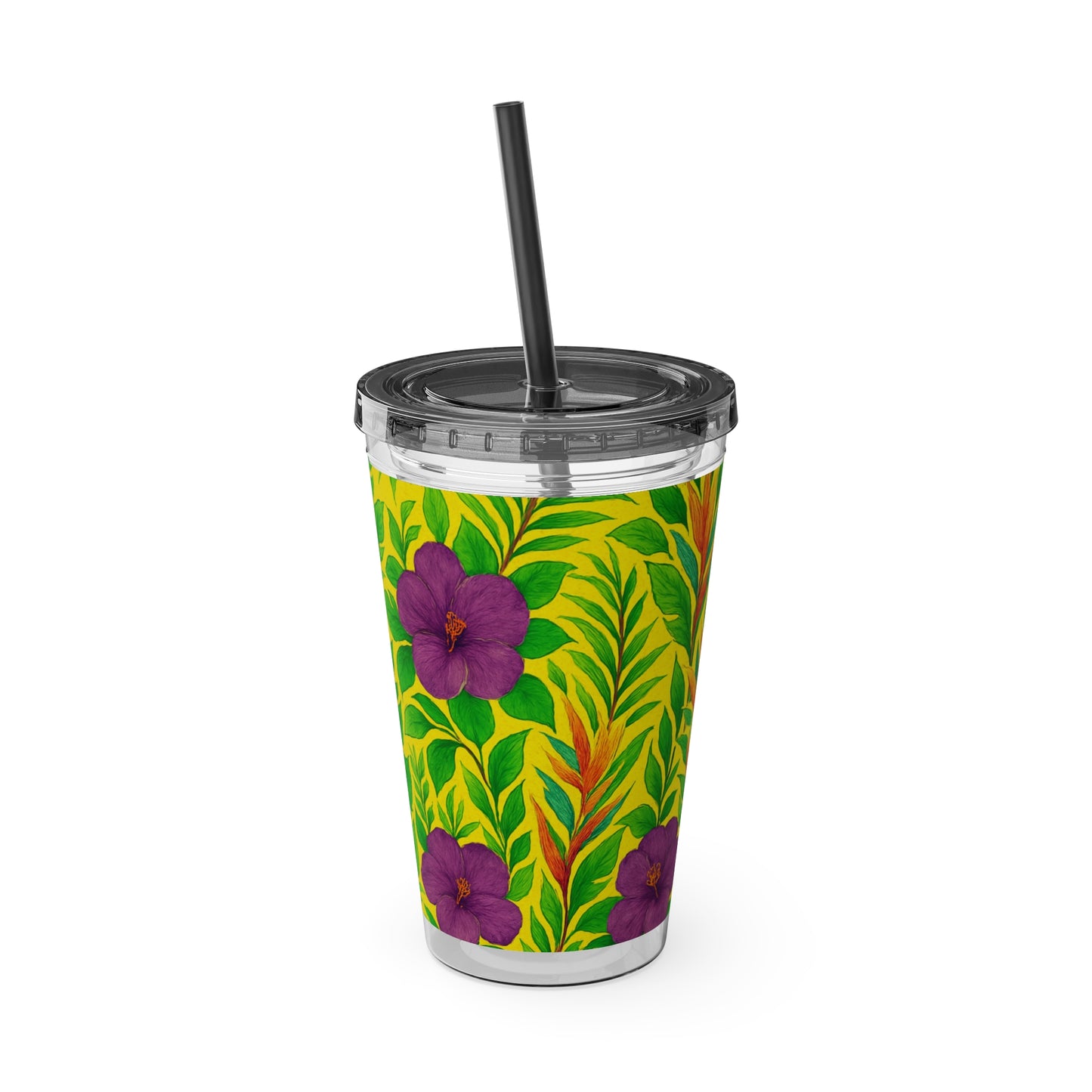 Tropical Tumbler with Straw | 16oz Colorful Travel Cup / Midnight Flower Yellow