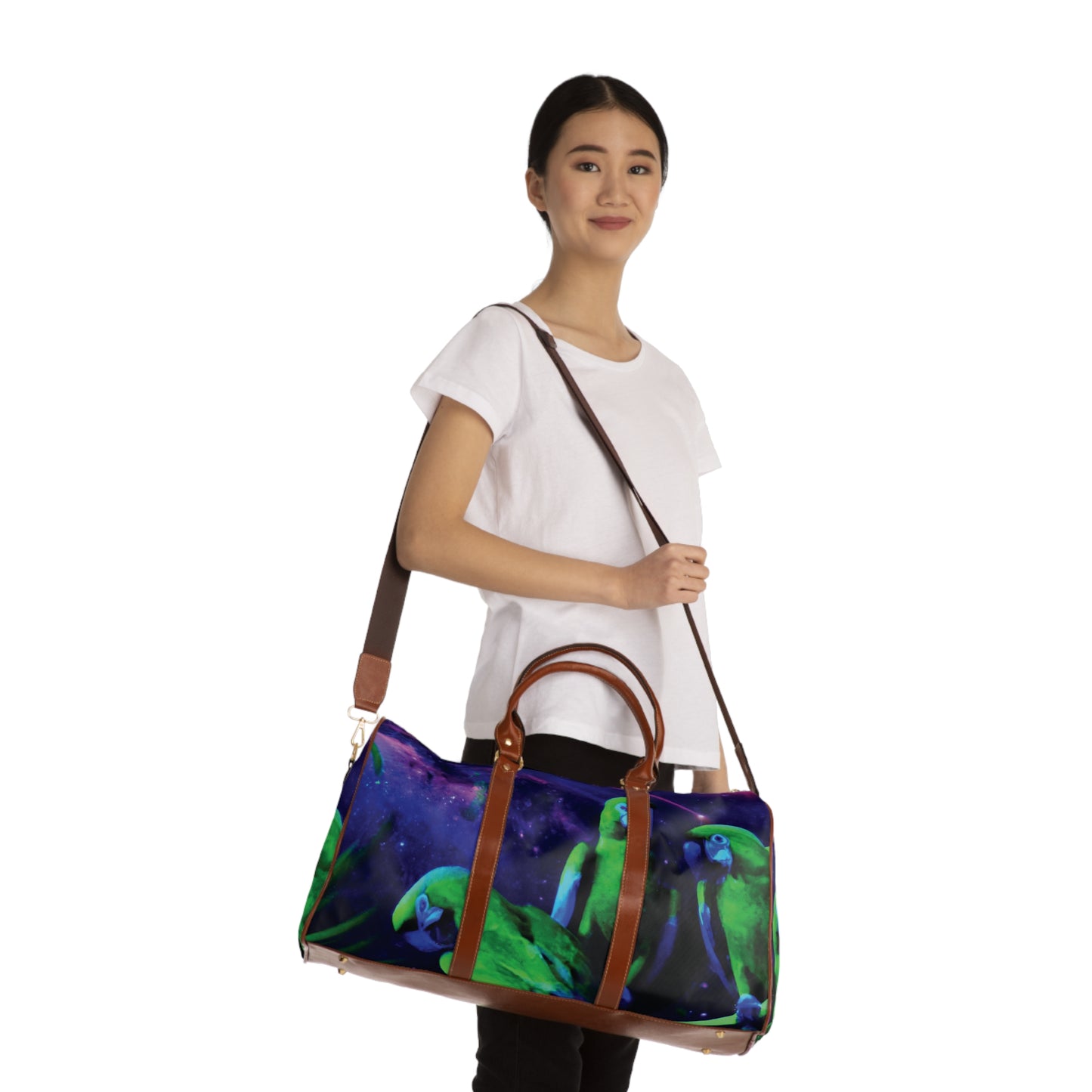 Tropical Waterproof Travel Bag - Perfect for Beach Getaways / Neon Parrots at Night