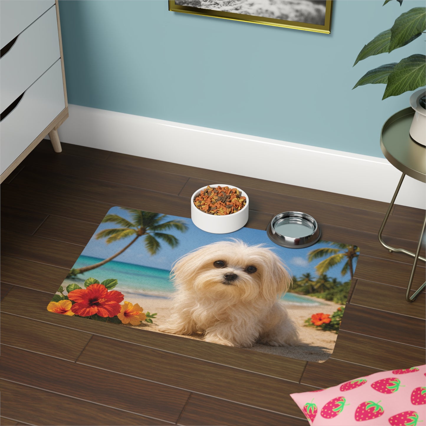 Pet Food Mat (12x18) - Puppy Ariel at the Beach