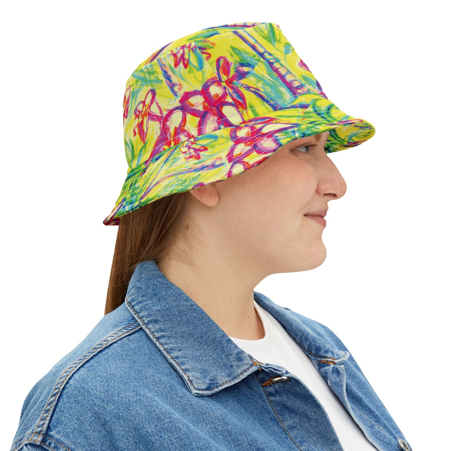 Tropical Polyester Bucket Hat, 2 Sizes - Tropical Doodles/Yellow
