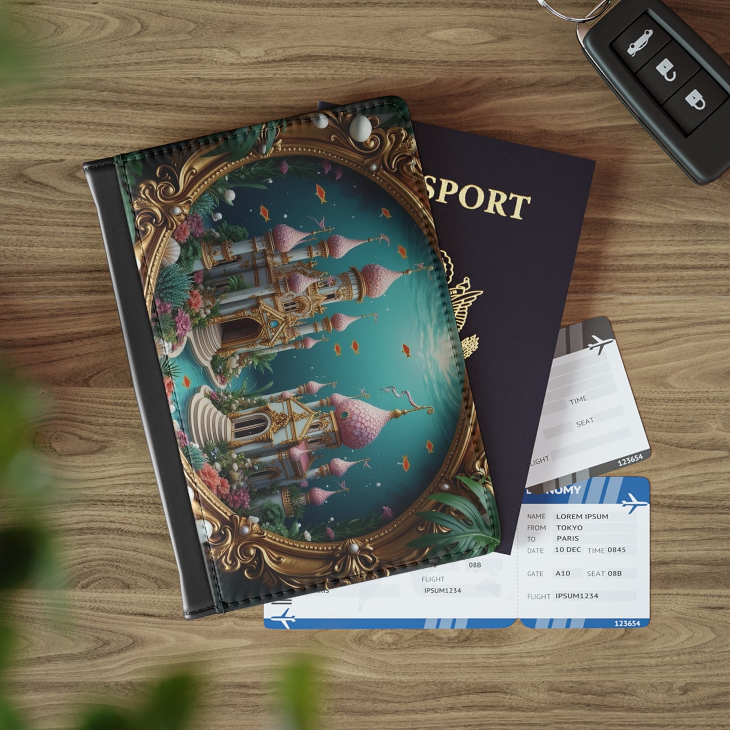 Tropical Passport Cover, Faux Leather - RFID blocking for travel security / Framed Mermaid Palace, Caribbean Sea