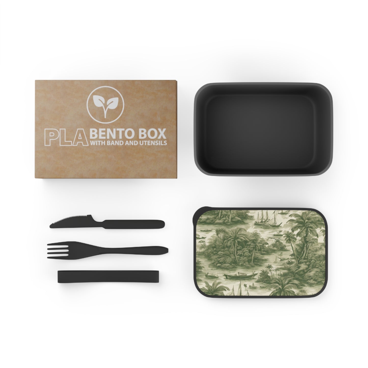 Bento Box with Utensils - Tropical Toile #1 green