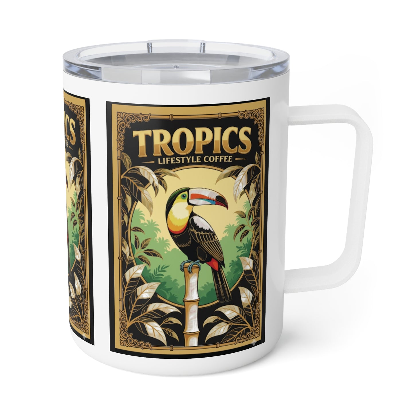 Tropical Insulated Coffee Mug, 10oz / Toucan Poster Gold Logo