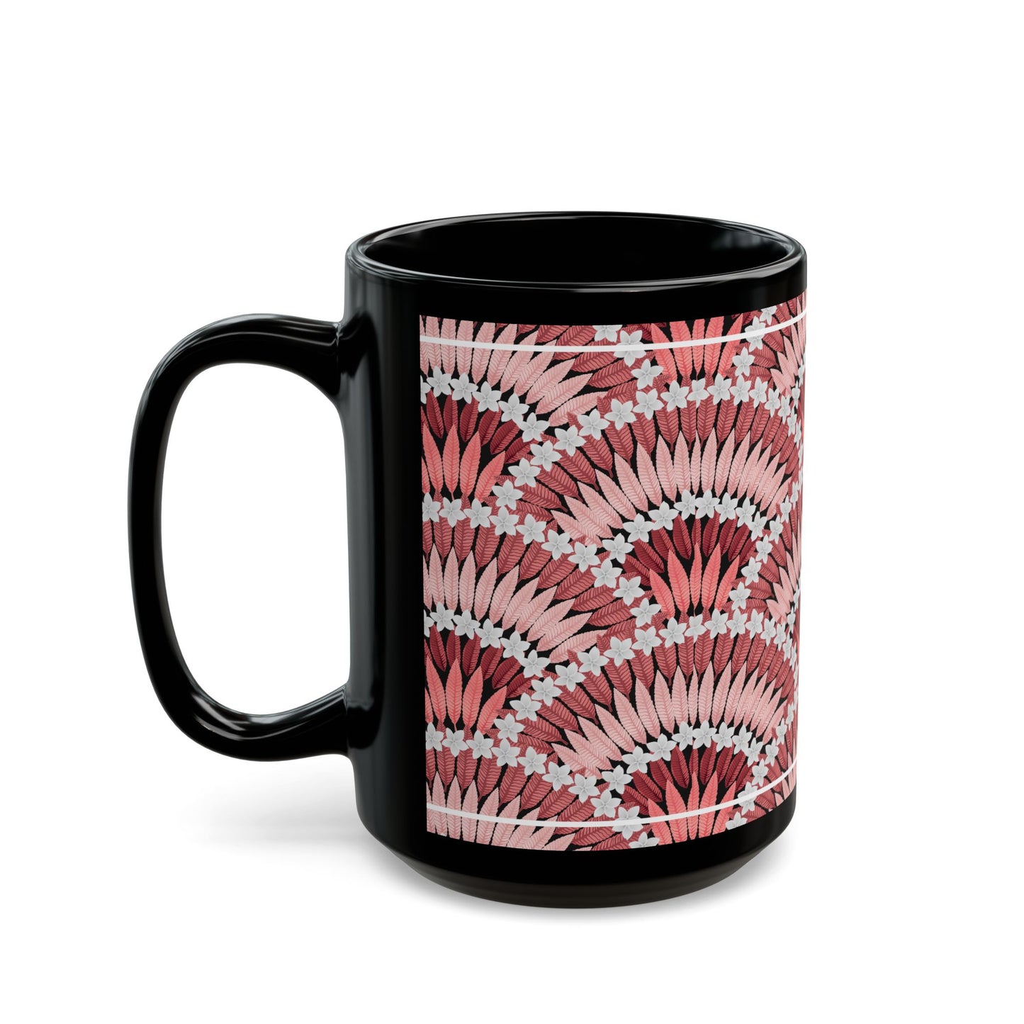 Red Plumeria and Palms Black Coffee Mug