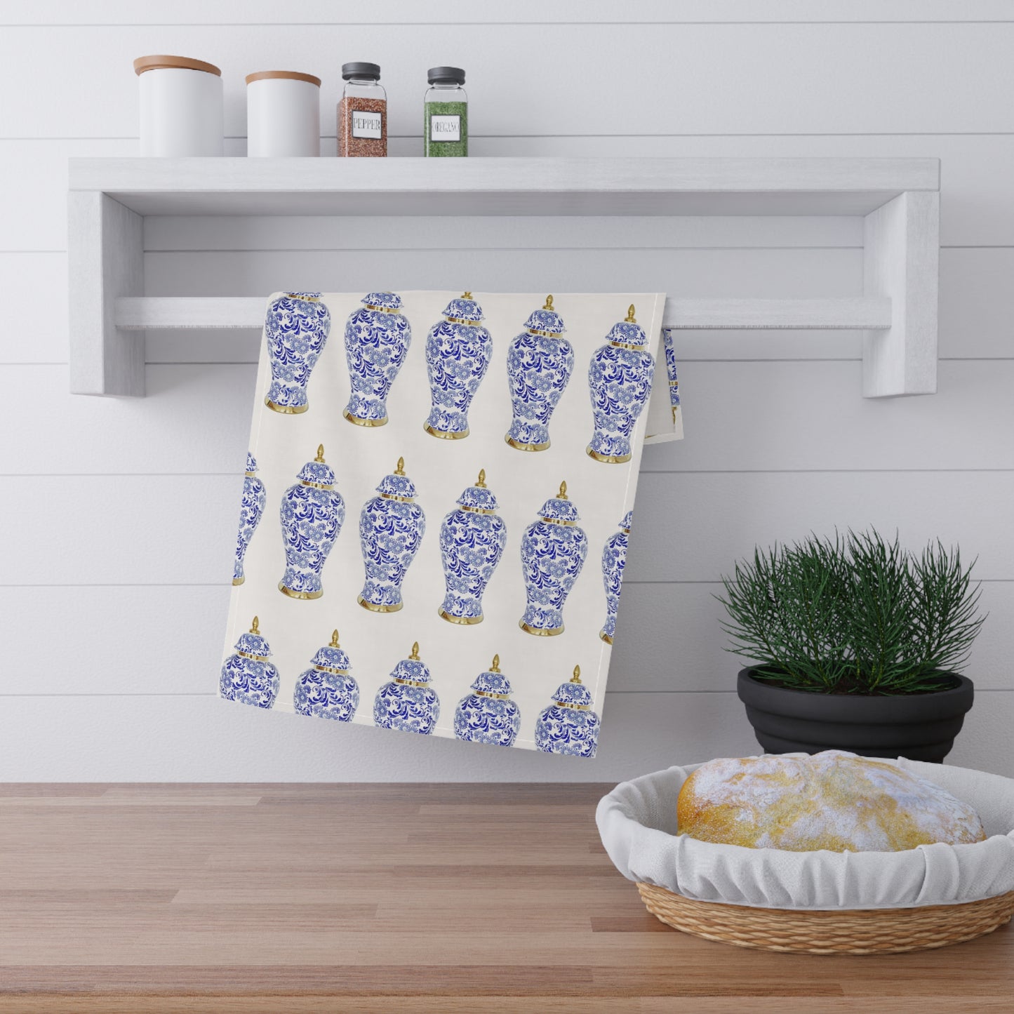 Tea Towels (cotton, poly), Blue and Gold Ginger Jar repeat white