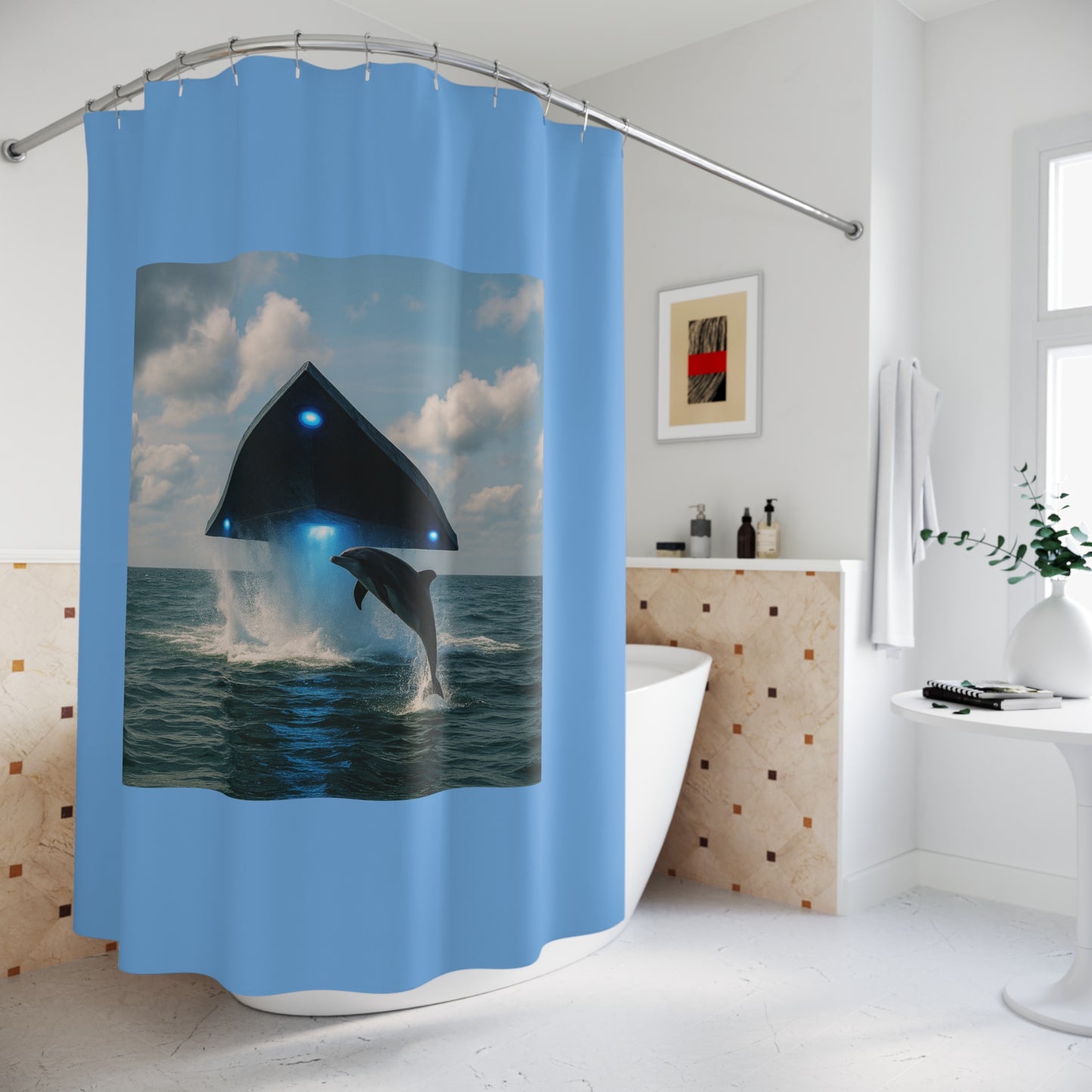 Tropical Shower Curtain - UFO and Dolphin, Lt. Blue / Ocean Decor