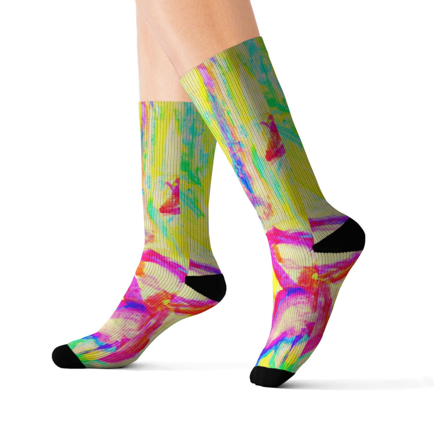 Yellow Tropical Doodles Sublimation Fleece-Lined Socks - Colorful Palm Tree/Flower Design