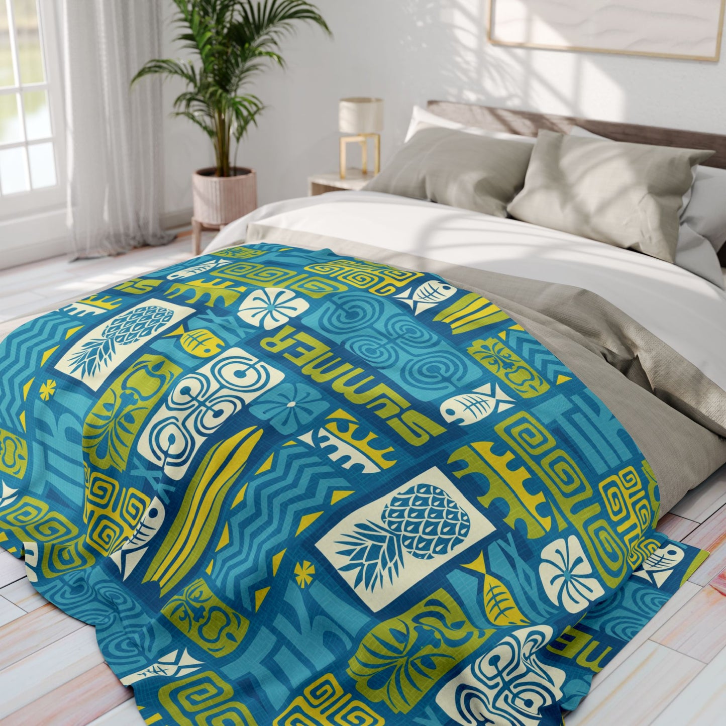 Tiki Poster Blue Fleece Blanket - Colorful Tropical Botanical Design