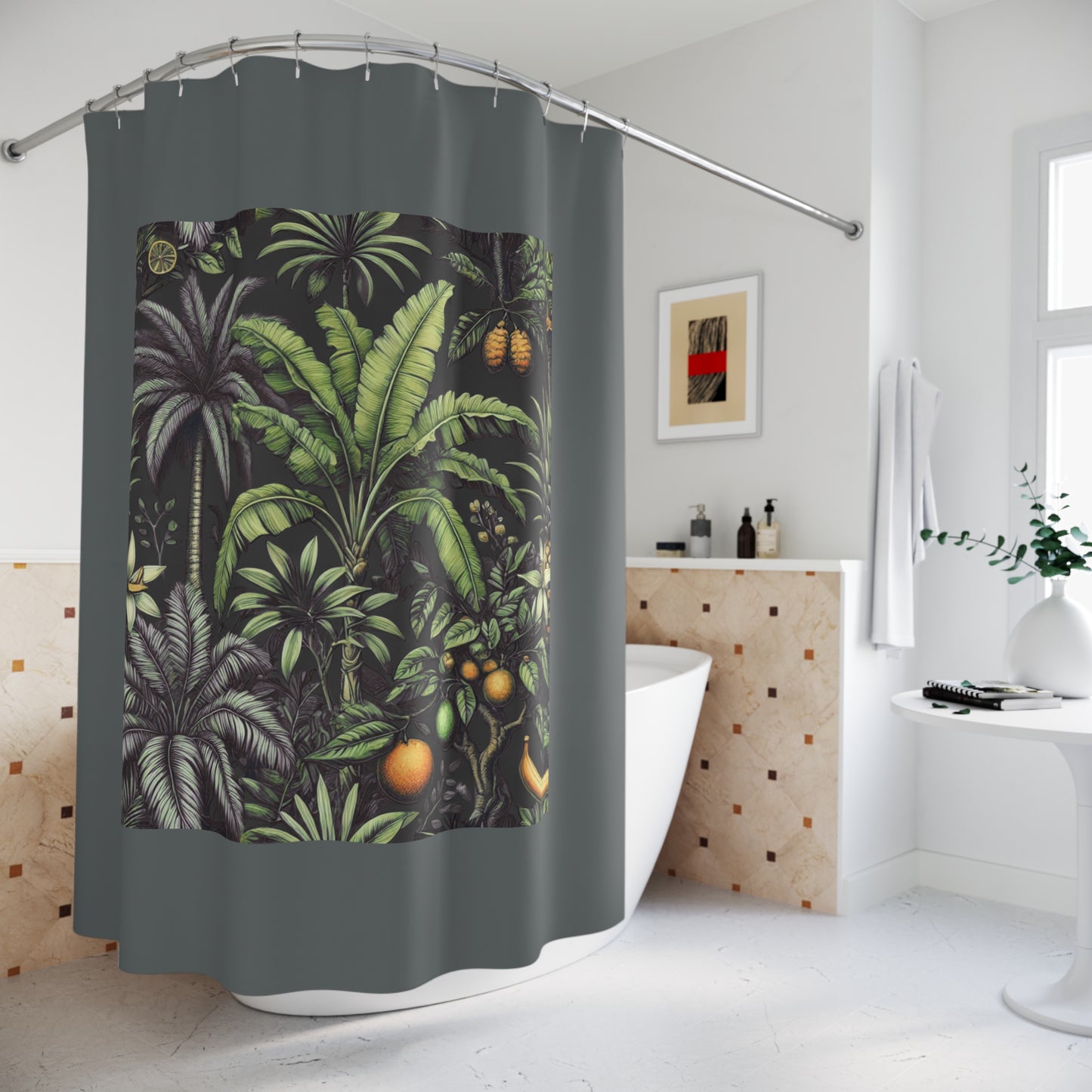 Palm Tree Shower Curtain - Ocean Bathroom Decor / Tropical Fruit, Dark Grey