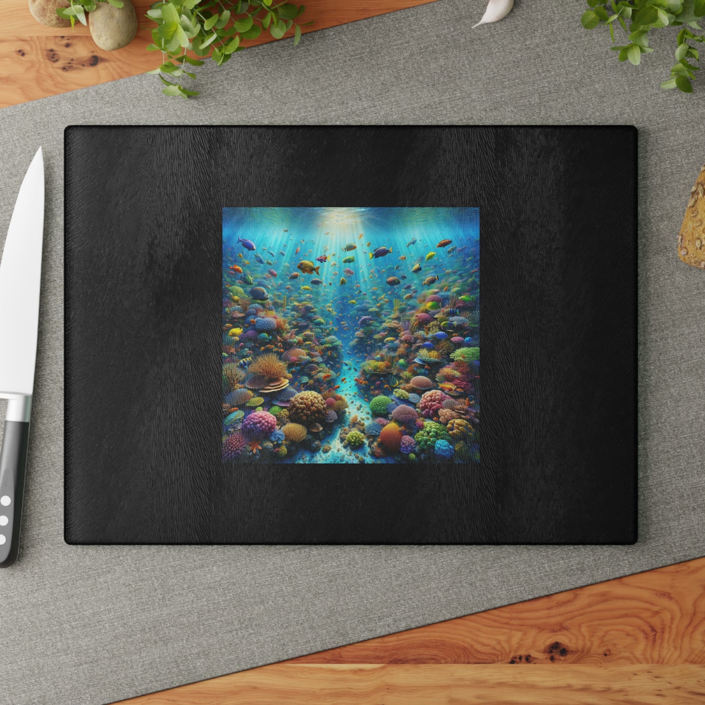 Glass Cutting Board, 2 sizes - Busy Coral Reef/Black
