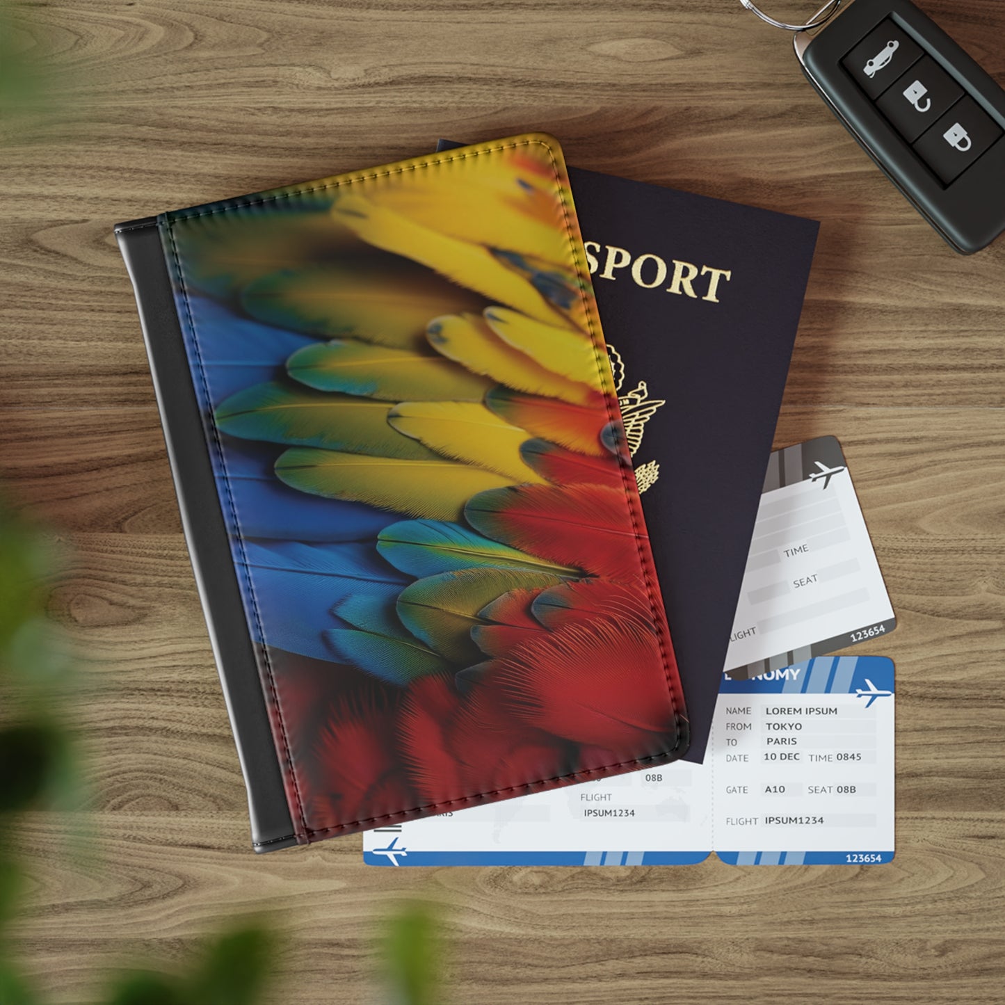 Tropical Passport Cover, Faux Leather - RFID blocking for travel security / Rainforest Macaw Feathers