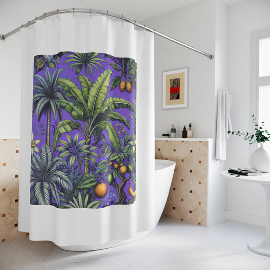 Palm Tree Shower Curtain - Ocean Bathroom Decor / Tropical Fruit/Purple, White