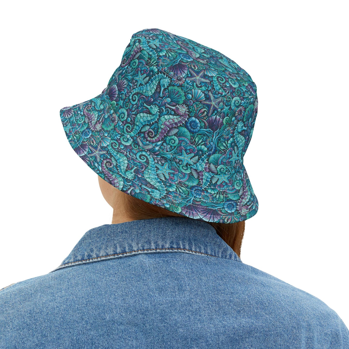 Tropical Polyester Bucket Hat, 2 Sizes - Seahorses Turquoise