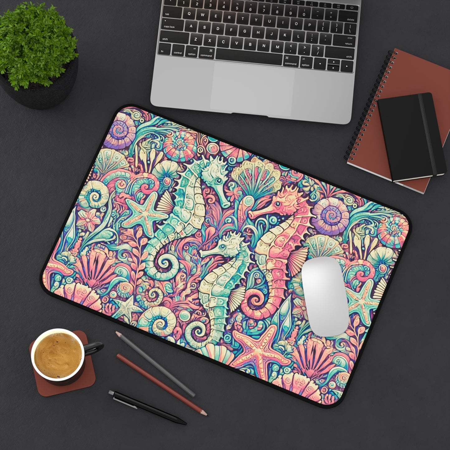 Tropical Mouse Pad/Desk Mat, 3 Sizes - Perfect for Home Office / Seahorses, Retro