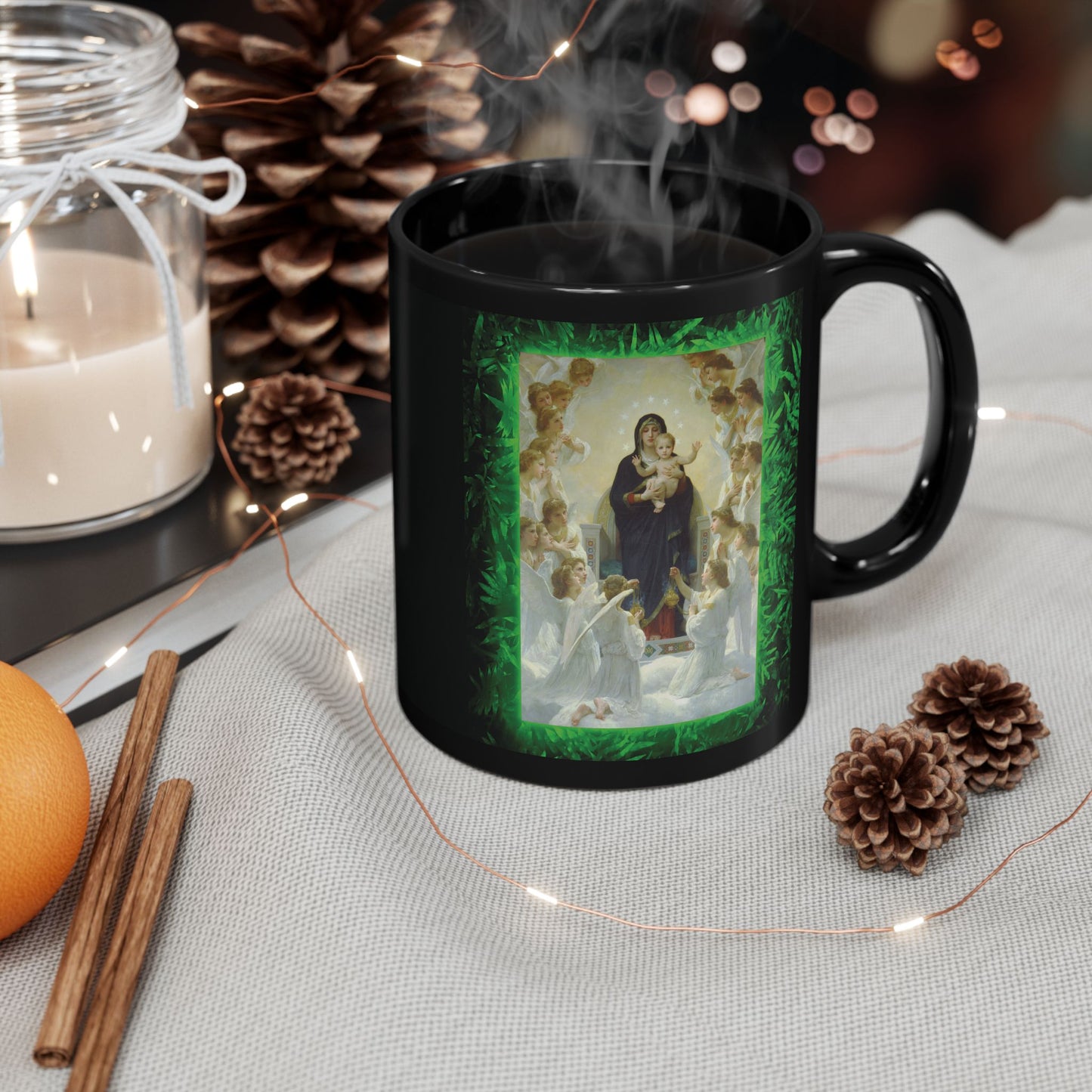 Black Coffee Mug, Religious - Tropical Queen of the Angels