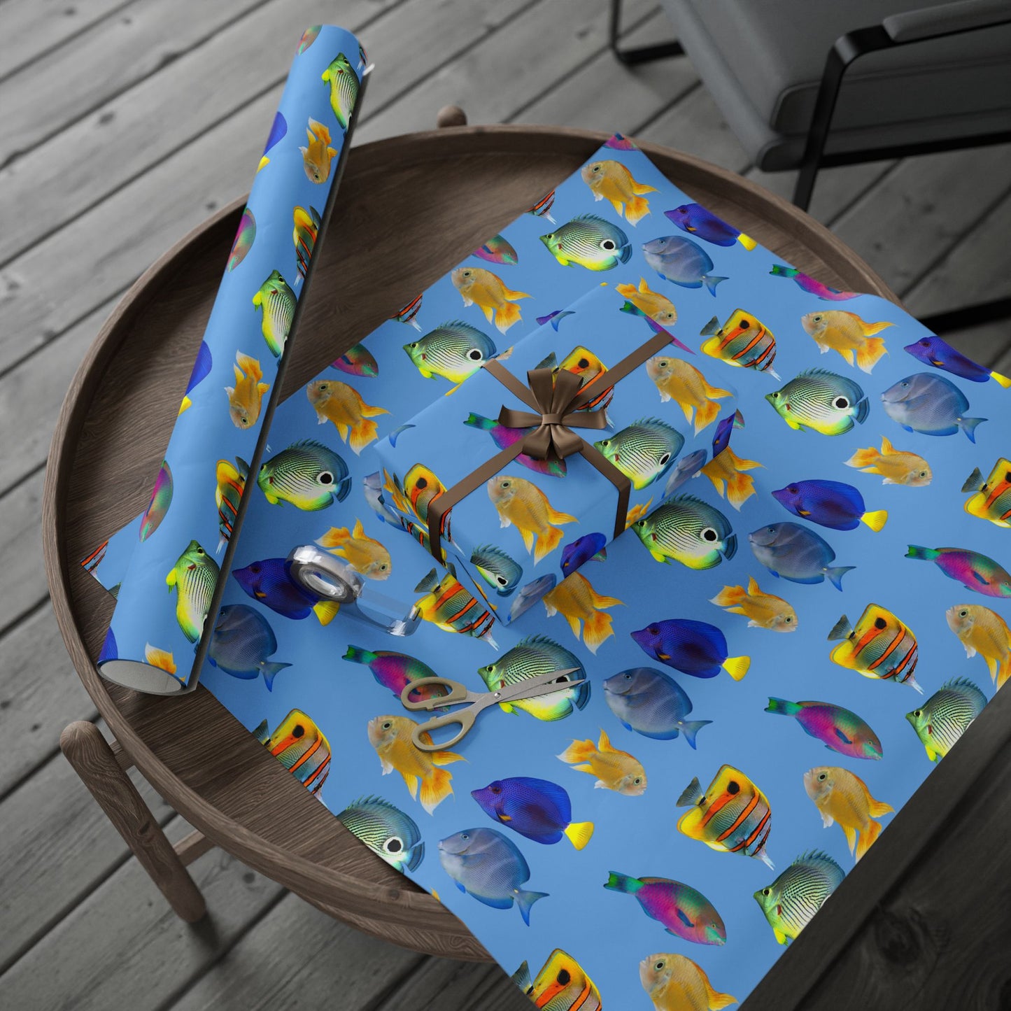 Wrapping Paper - Tropical Gift Wrap for All Occasions, 3 Sizes/2 Finishes / School of Fish, Lt. Blue