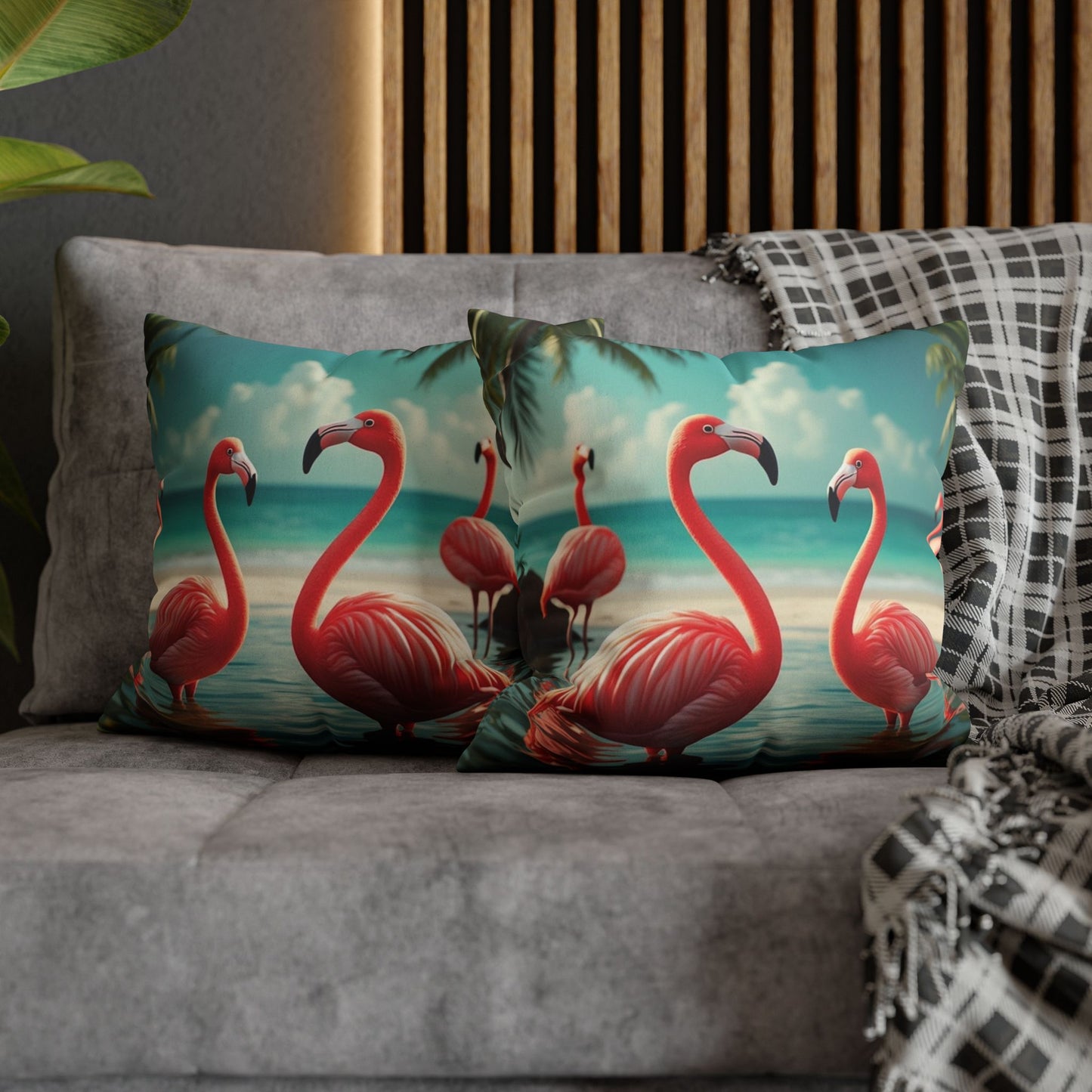 Faux Suede Square Pillowcase - Morning Dip Flamingos