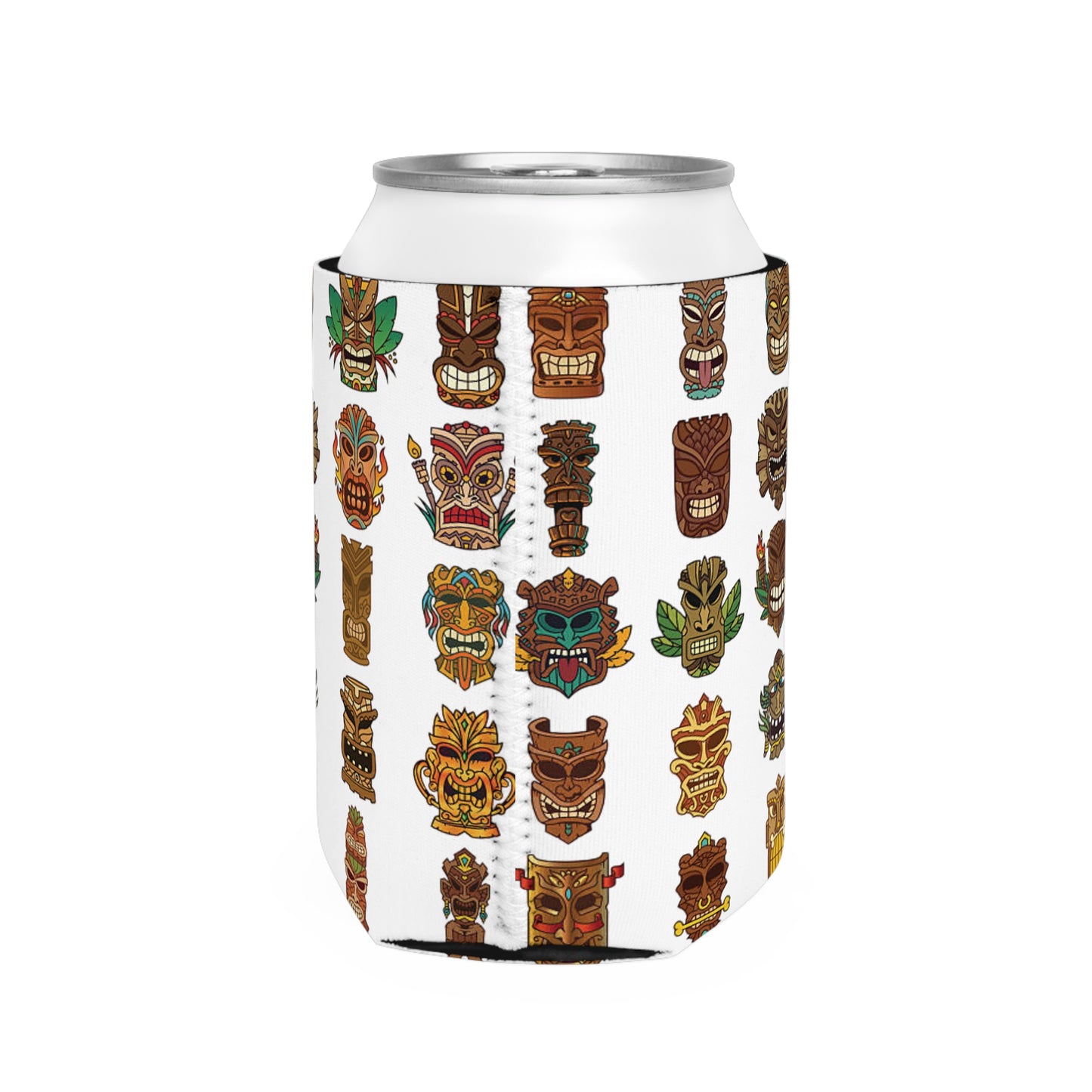 Tiny Tiki Dudes/White Can Cooler Sleeve - Perfect for Outdoor Picnics