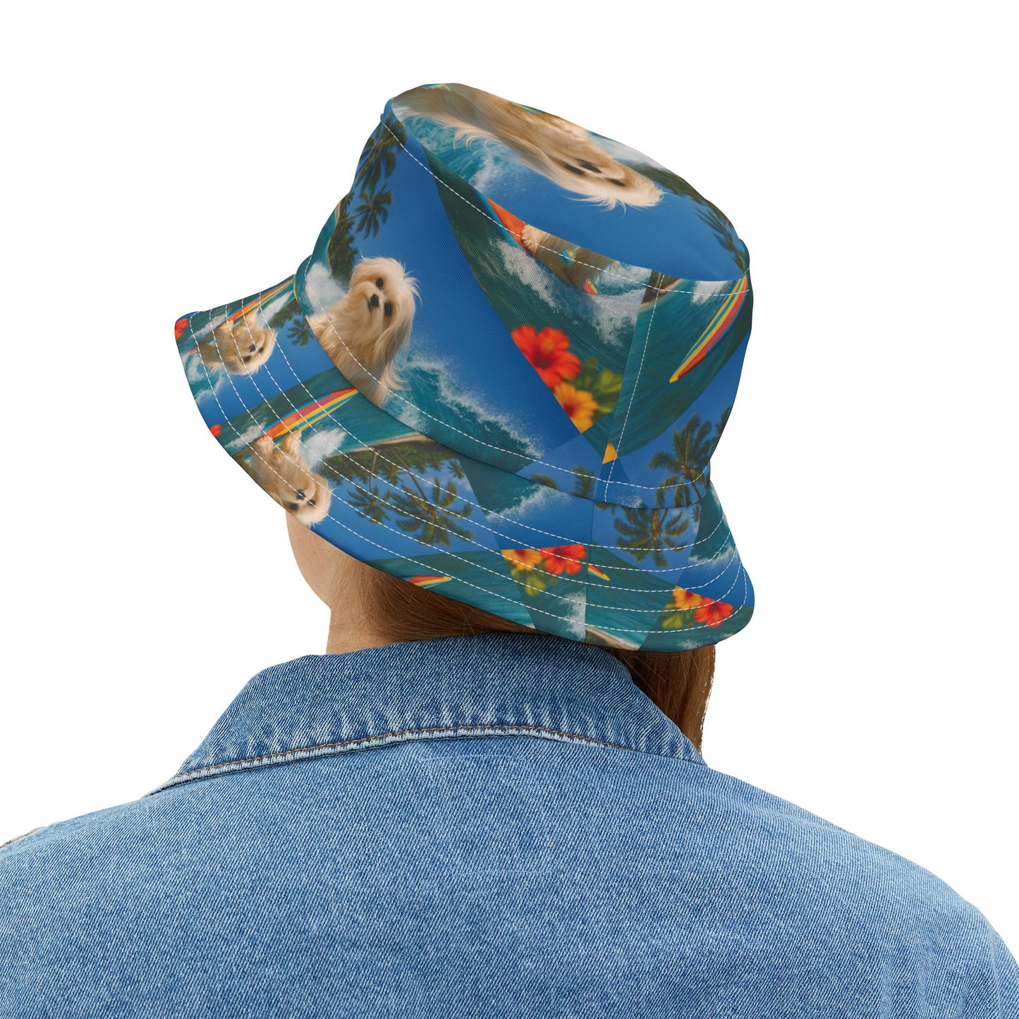 Tropical Polyester Bucket Hat, 2 Sizes - Puppy Ariel the Dog Surfer