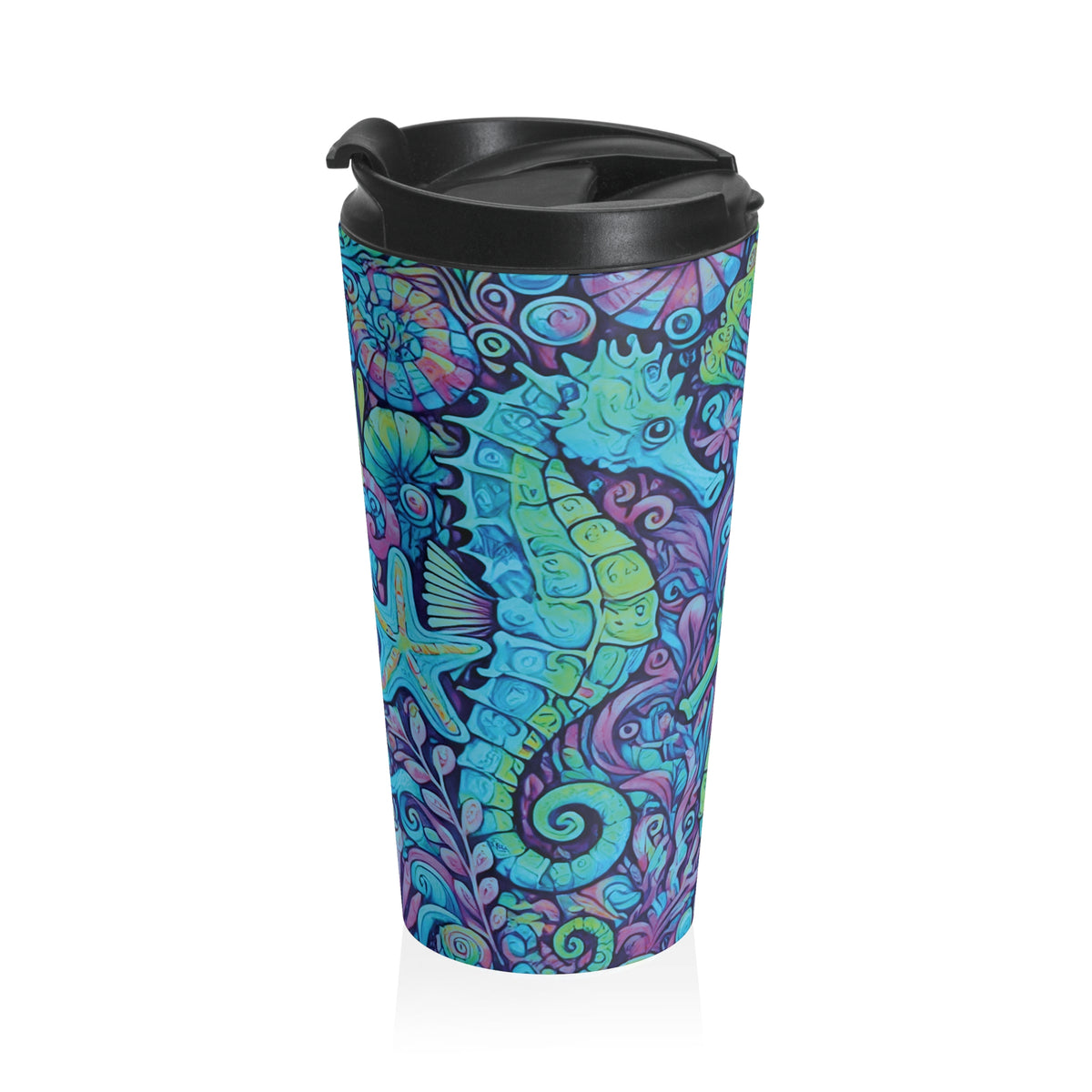 15 oz. Stainless Steel Travel Mug / Seahorse Trio, Turquoise Pop