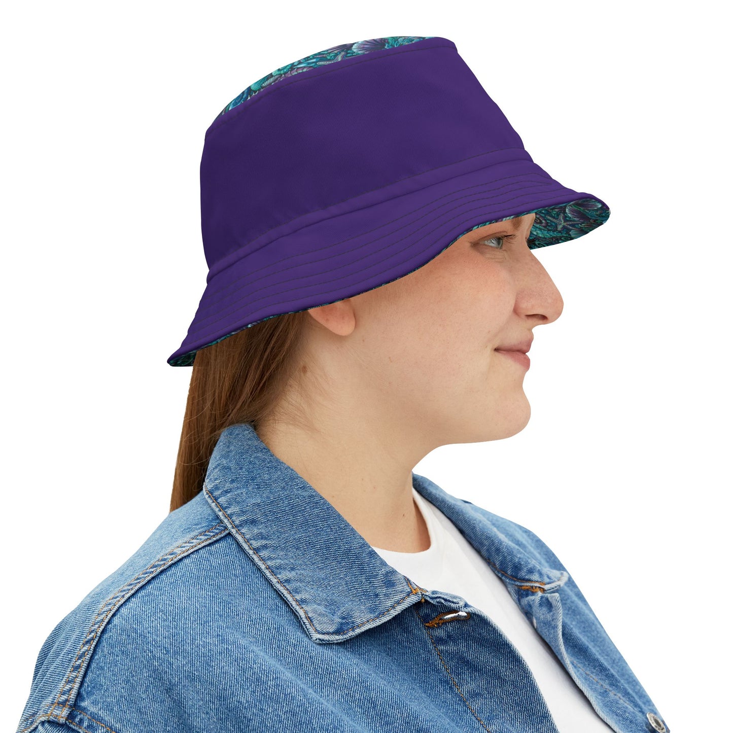 Tropical Polyester Bucket Hat, 2 Sizes - Seahorses Turquoise/Purple