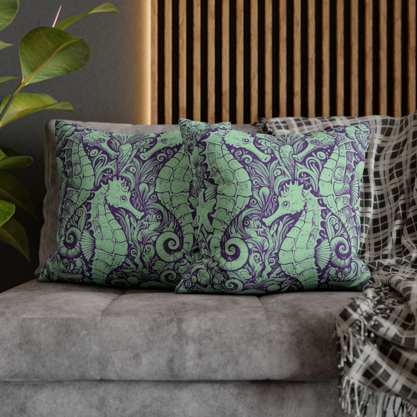 Faux Suede Square Pillowcase - Seahorse Trio, Minty