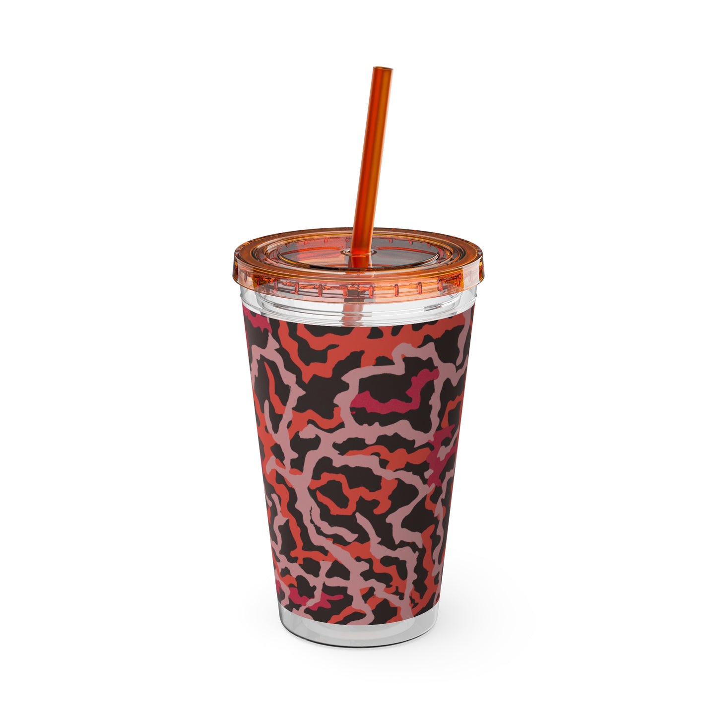 Tropical Tumbler with Straw | 16oz Colorful Travel Cup / Coral Threads, Red