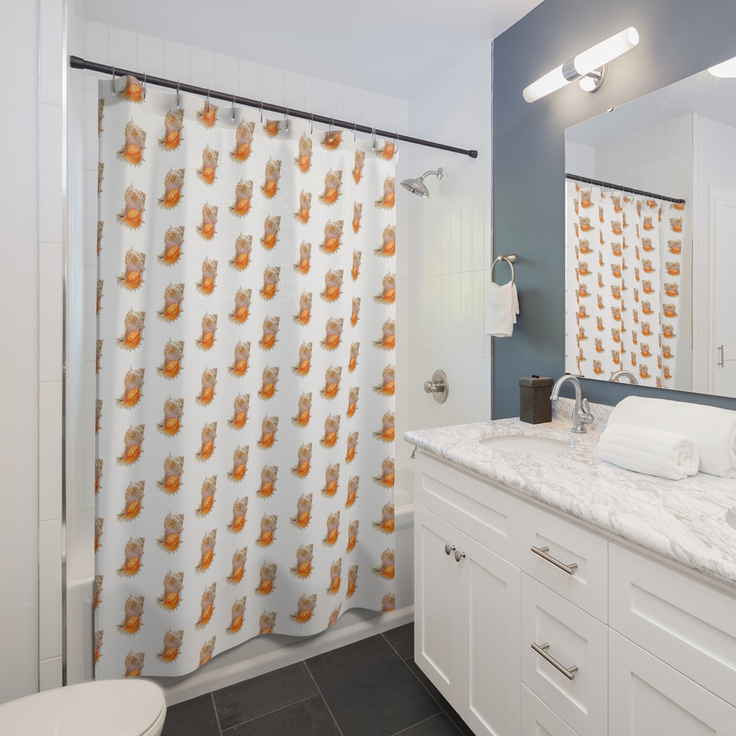 Tropical Shower Curtain - Ocean Bathroom Decor / Conch Shell/White