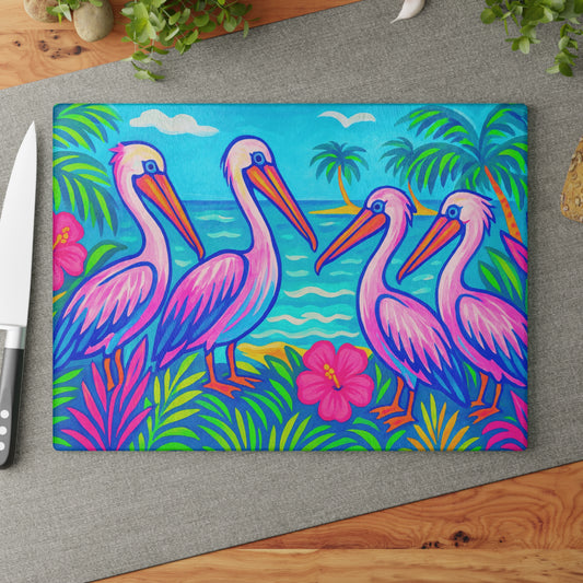 Glass Cutting Board, 2 sizes - Beach Pelican Party