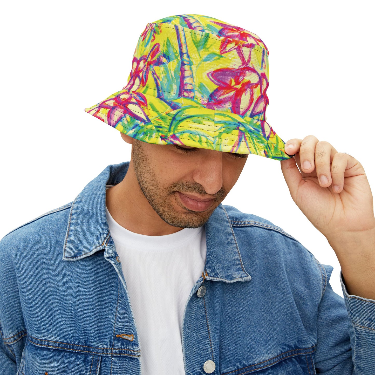 Tropical Polyester Bucket Hat, 2 Sizes - Tropical Doodles/Yellow