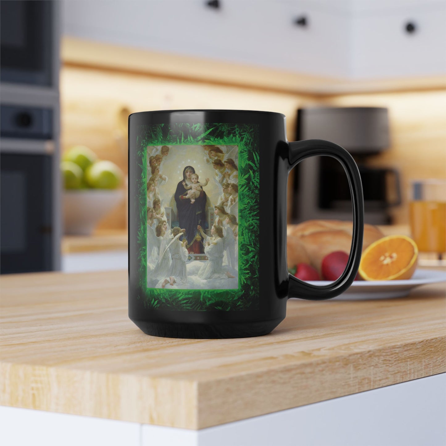 Black Coffee Mug, Religious - Tropical Queen of the Angels