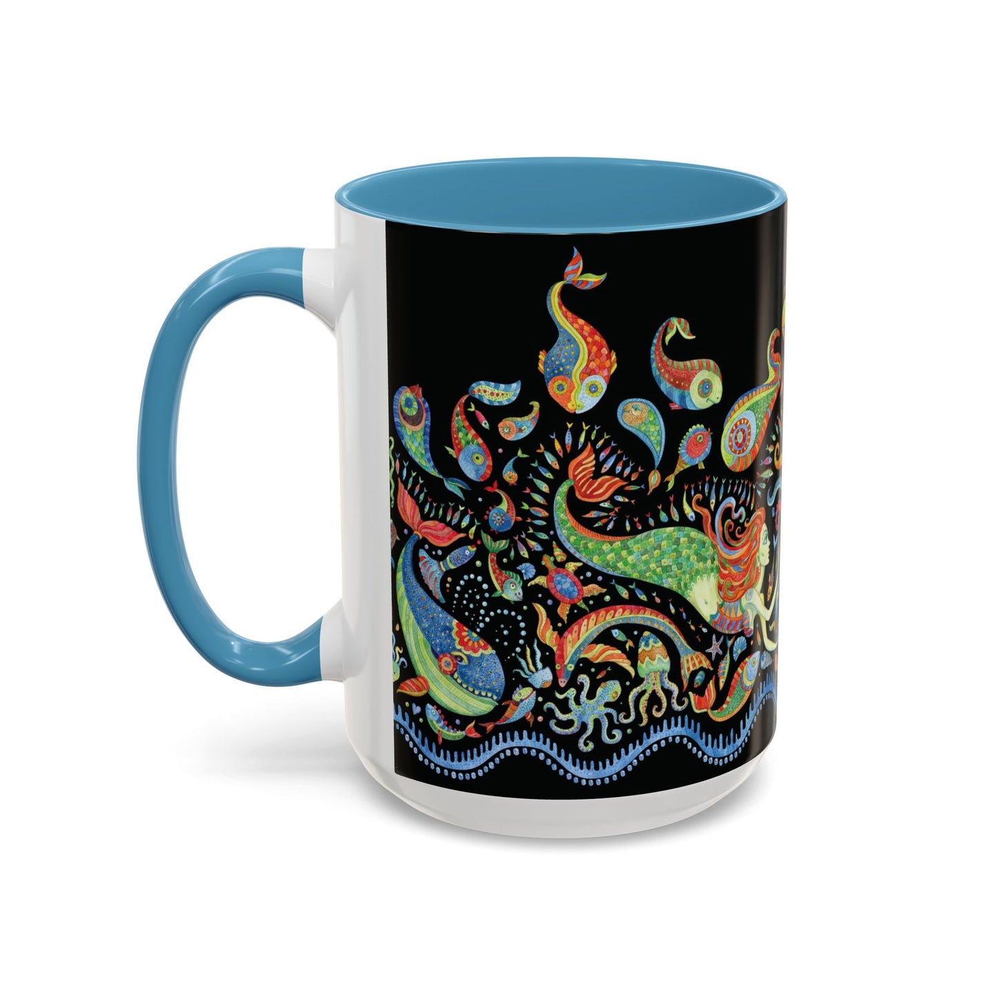 Mermaid Kingdom/Black, Coffee Mug, 8 Colors - Fun Tropical Drinkware for Beach Vibes