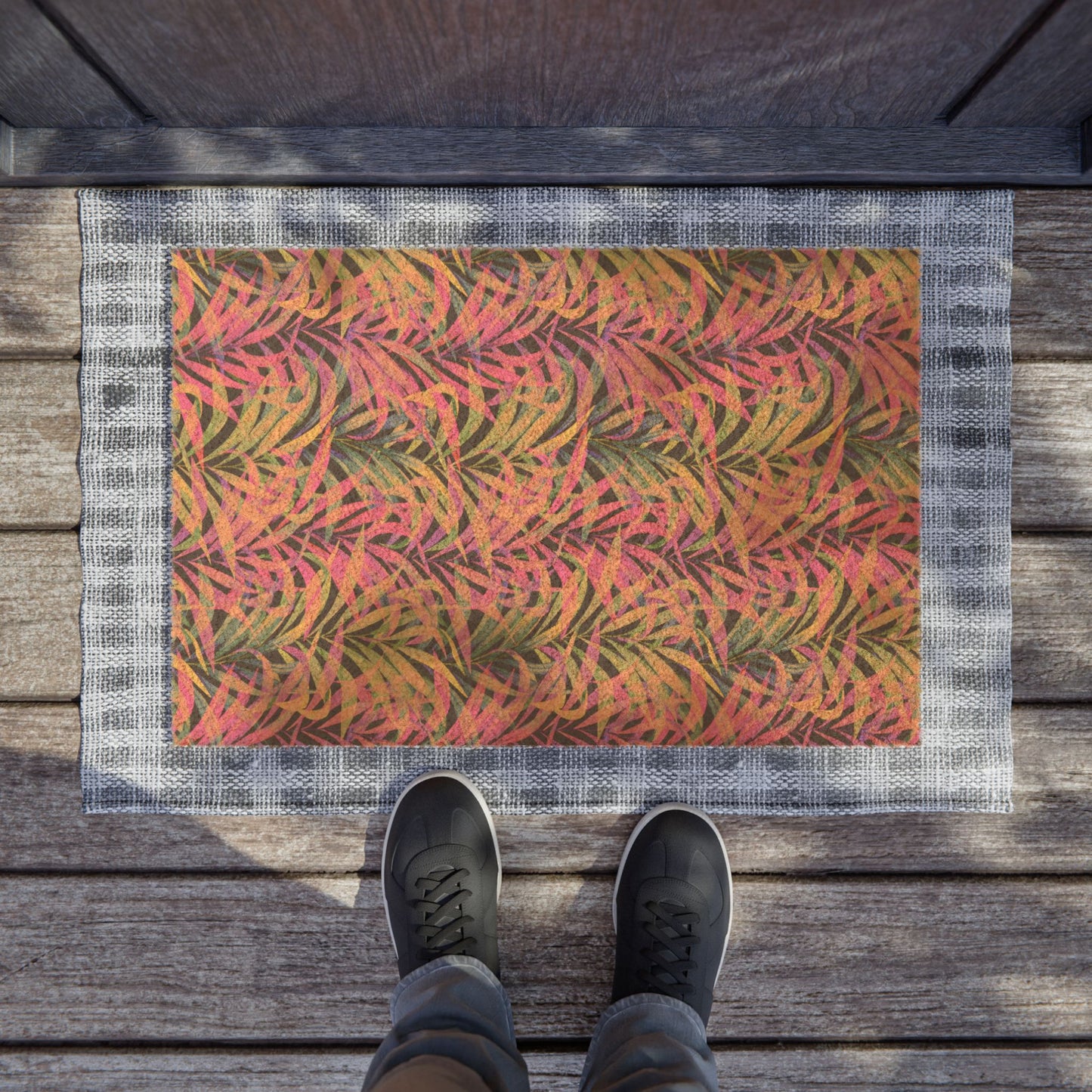 Tropical Botanical Doormat / Vibrant Coconut Fiber Entrance Mat / Rainbow Fronds