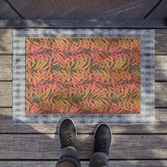 Tropical Botanical Doormat / Vibrant Coconut Fiber Entrance Mat / Rainbow Fronds