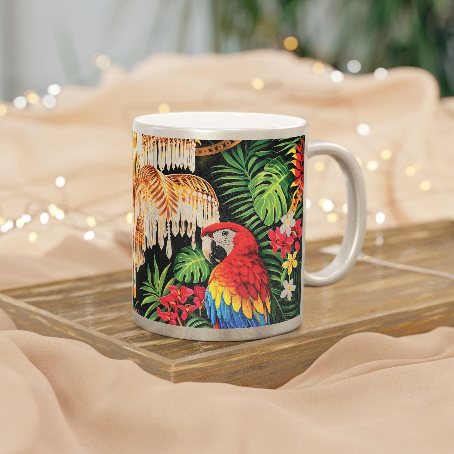 Tropical Chandelier Metallic Mug — Gold & Silver Floral Travel Coffee Cup