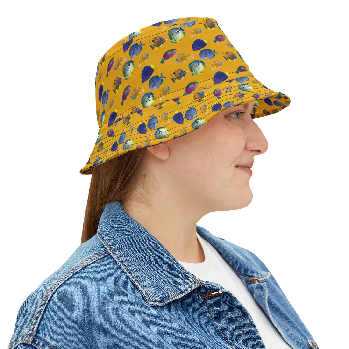 Tropical Polyester Bucket Hat, 2 Sizes - School of Fish / Yellow