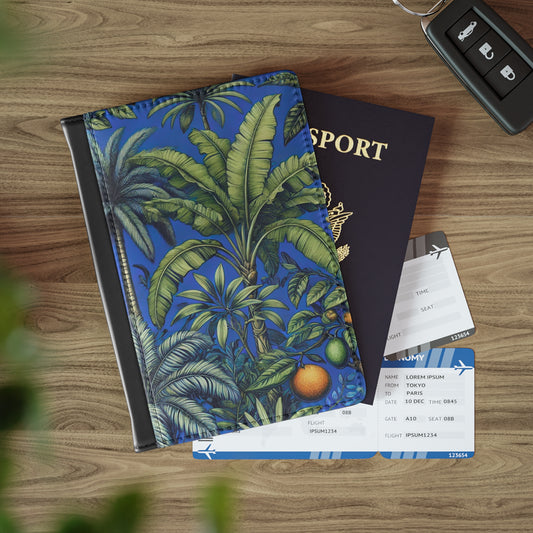Tropical Passport Cover, Faux Leather - RFID blocking for travel security / Tropical Fruit, Dark Blue