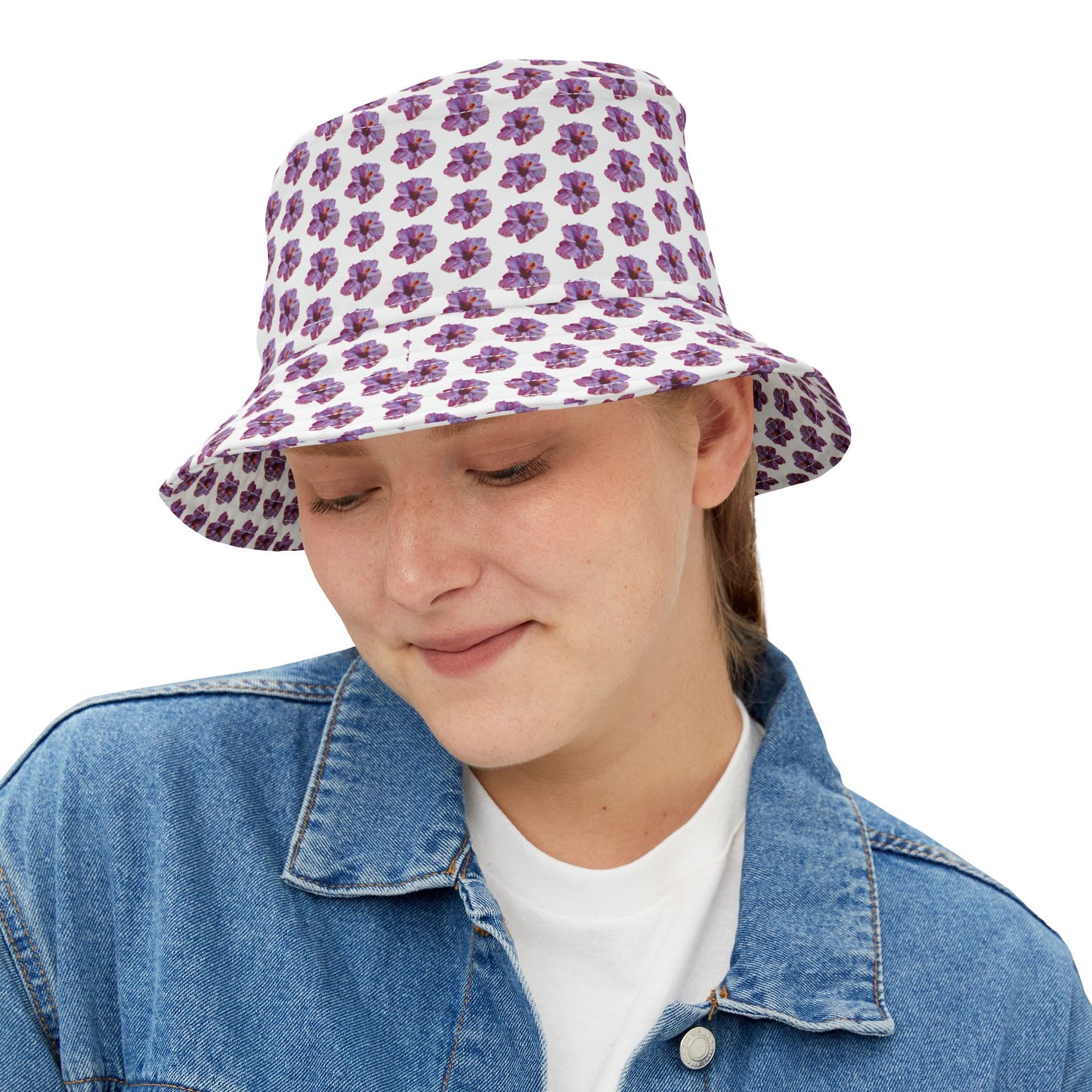 Tropical Polyester Bucket Hat, 2 Sizes - Purple Hibiscus/MICRO
