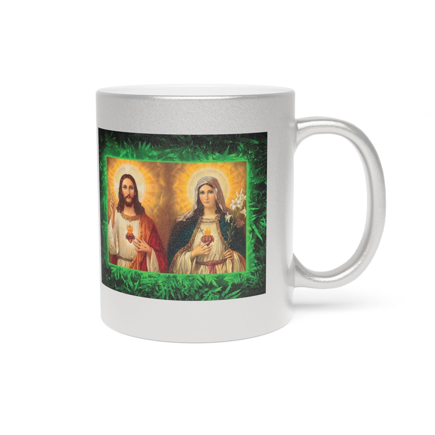 Religious Metallic Mug, Gold or Silver - "Tropical Glow Jesus and Mary"