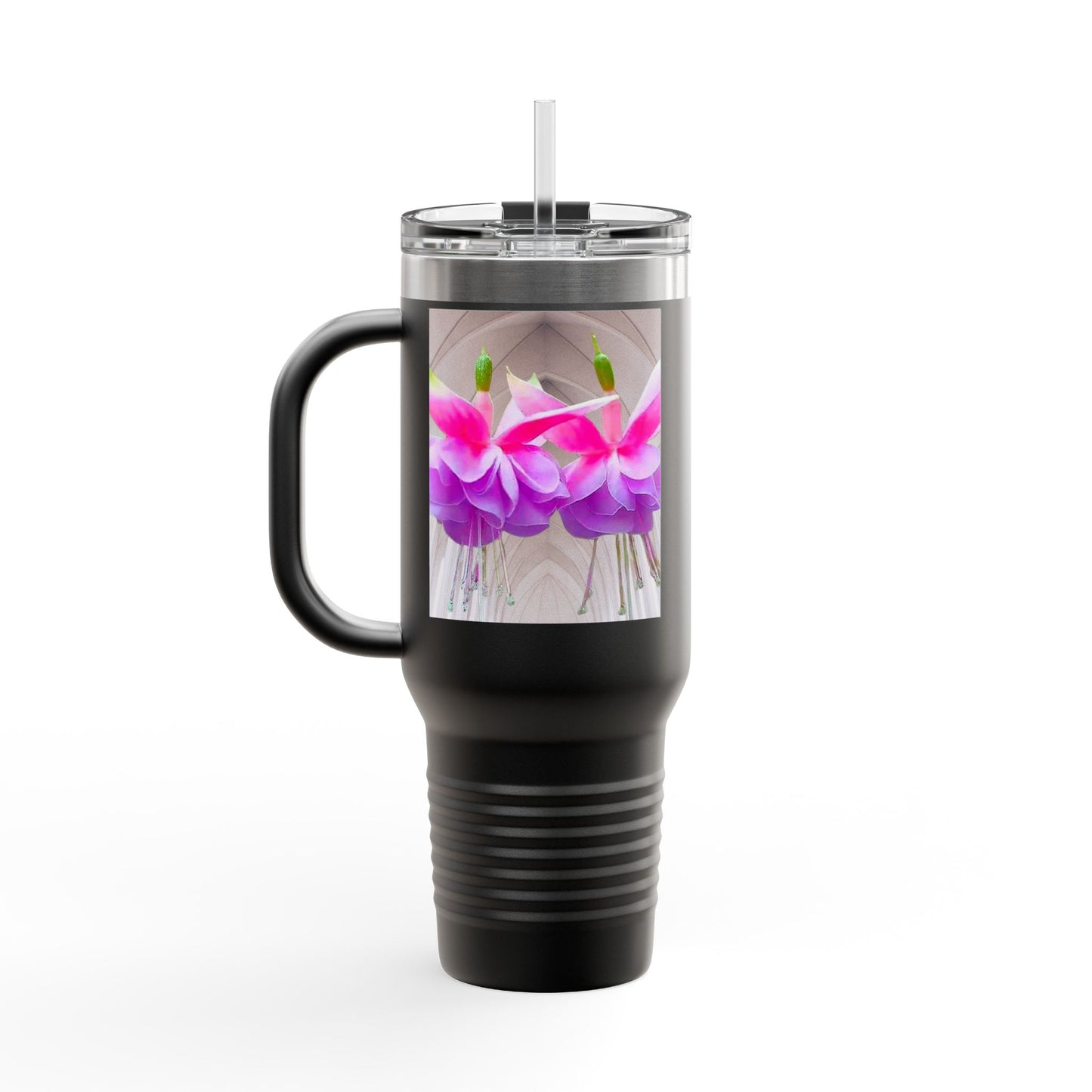 Insulated Travel Mug, 40oz / Floral Two Fuchsias, Gothic - Perfect for Outdoor Adventures