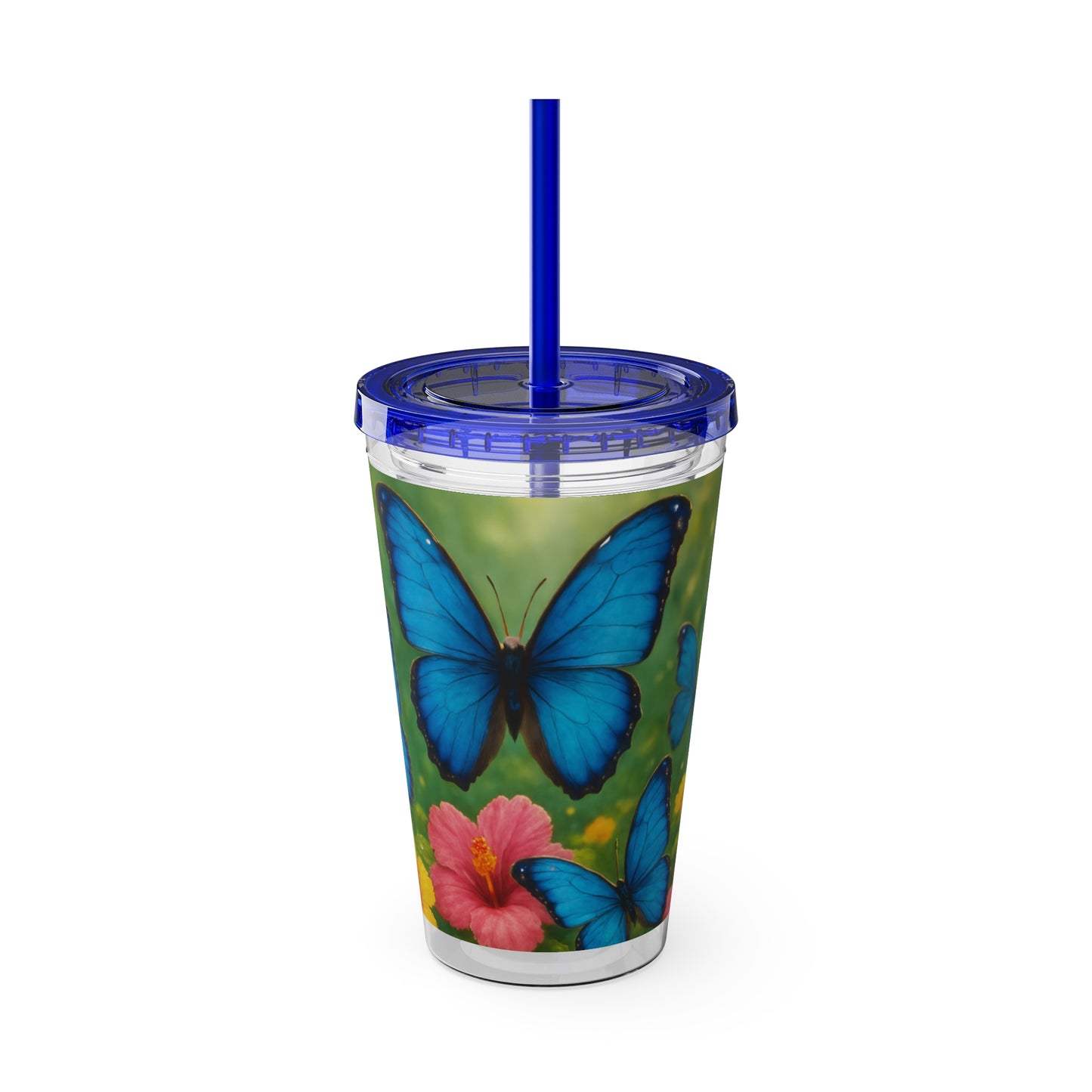 Tropical Tumbler with Straw | 16oz Colorful Travel Cup / Morpho Butterflies Flight