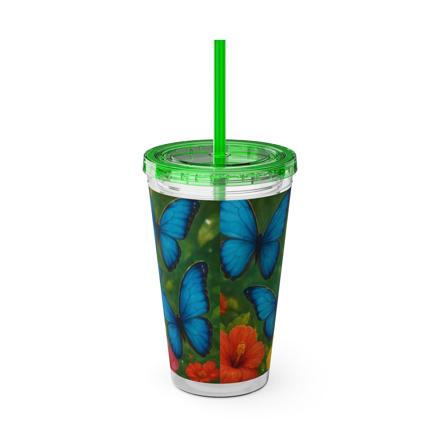 Tropical Tumbler with Straw | 16oz Colorful Travel Cup / Morpho Butterflies Flight
