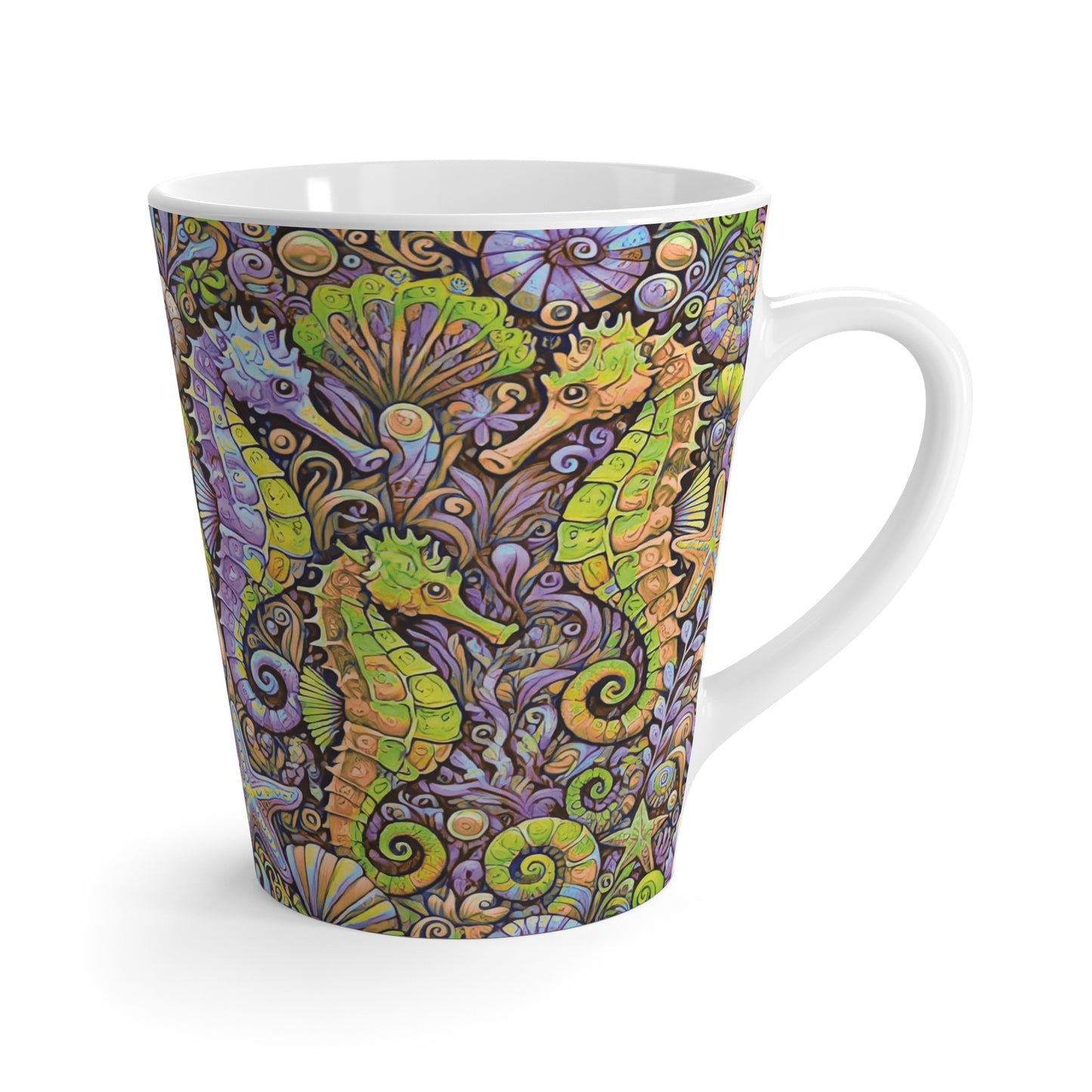 Latte White Mug - Seahorses, Yellow and Purple